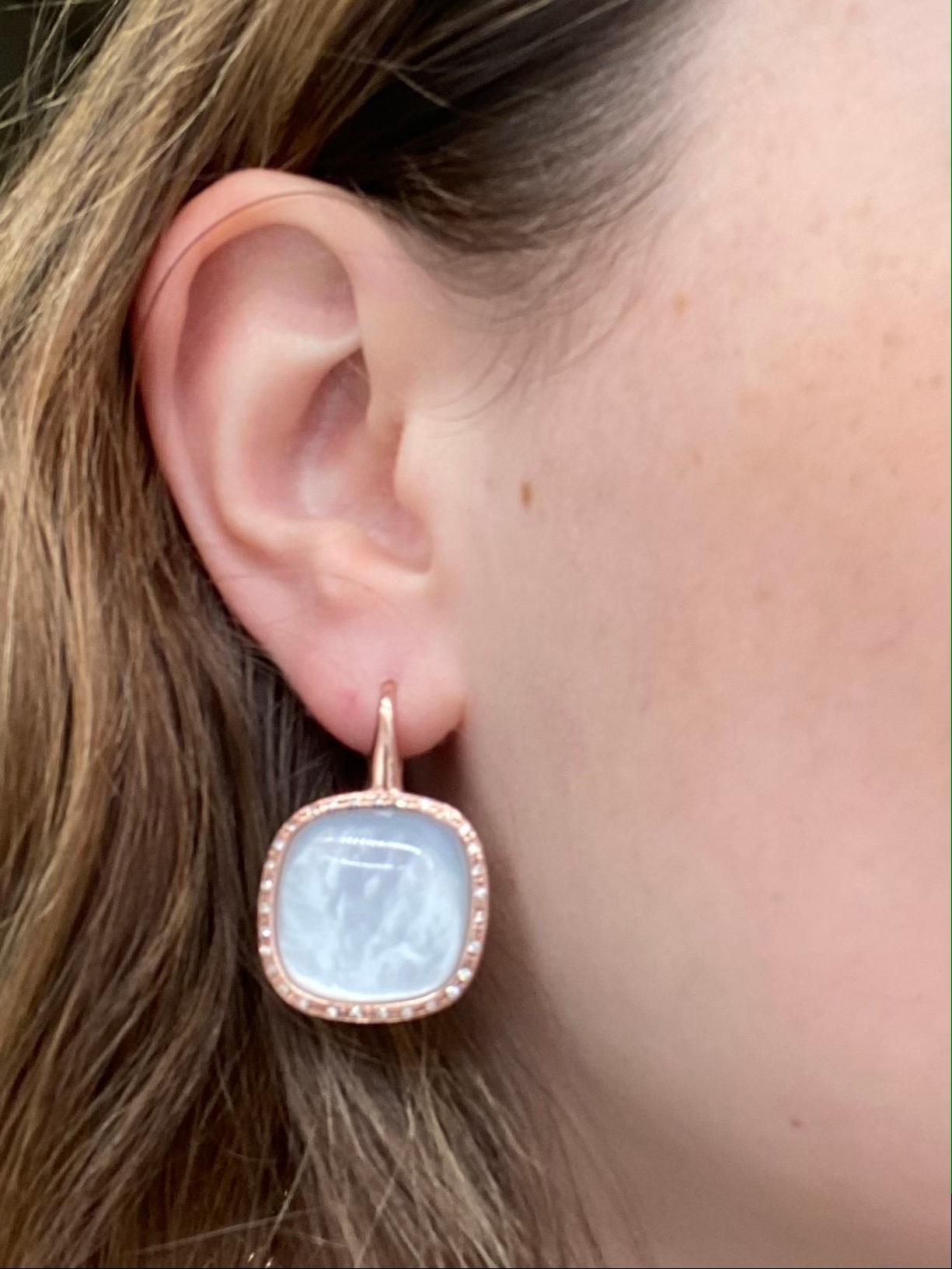 Round Cut 18 Carat Pink Gold Earrings Adorned with a White Quartz Surrounded by Diamonds For Sale