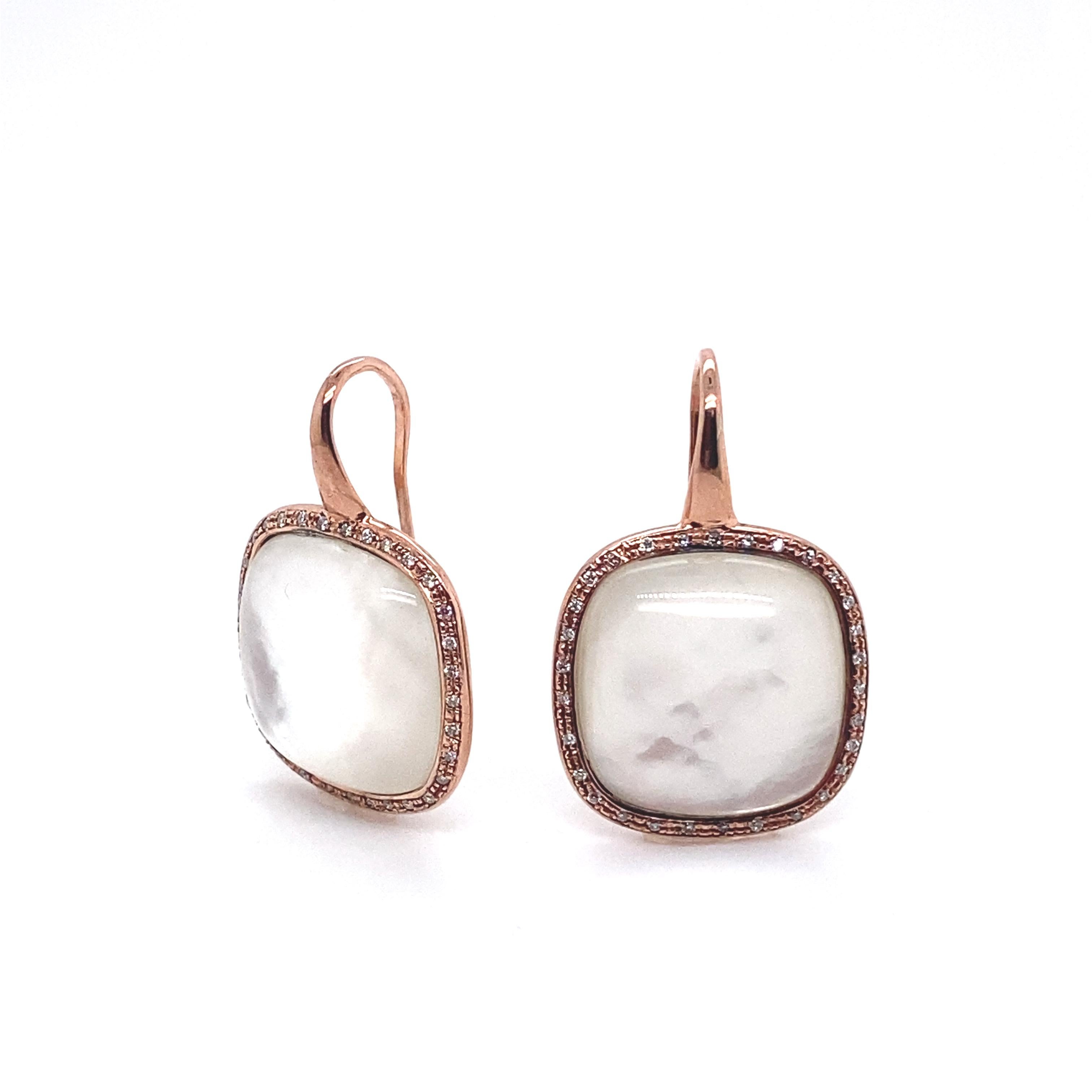 Women's 18 Carat Pink Gold Earrings Adorned with a White Quartz Surrounded by Diamonds For Sale