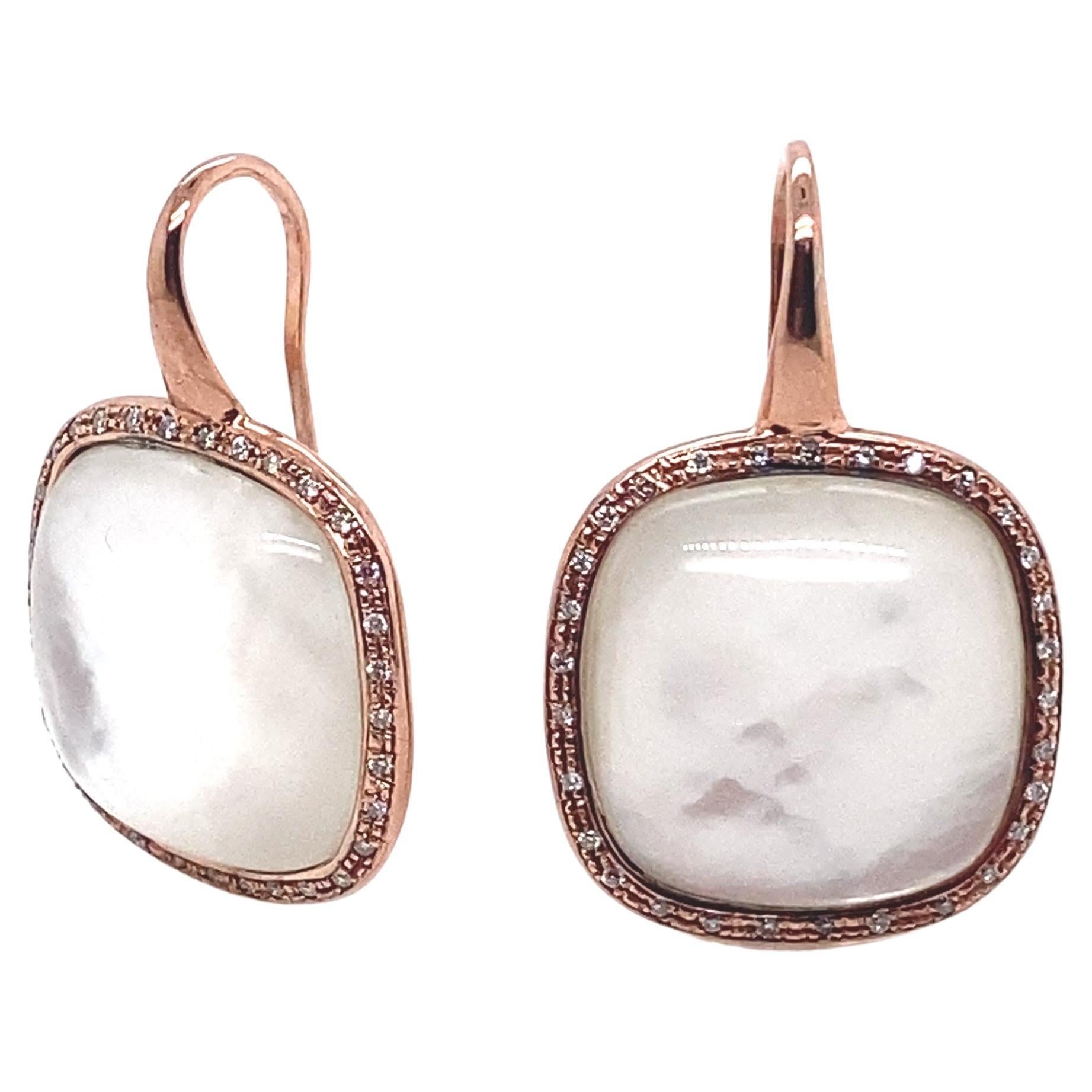 18 Carat Pink Gold Earrings Adorned with a White Quartz Surrounded by Diamonds For Sale
