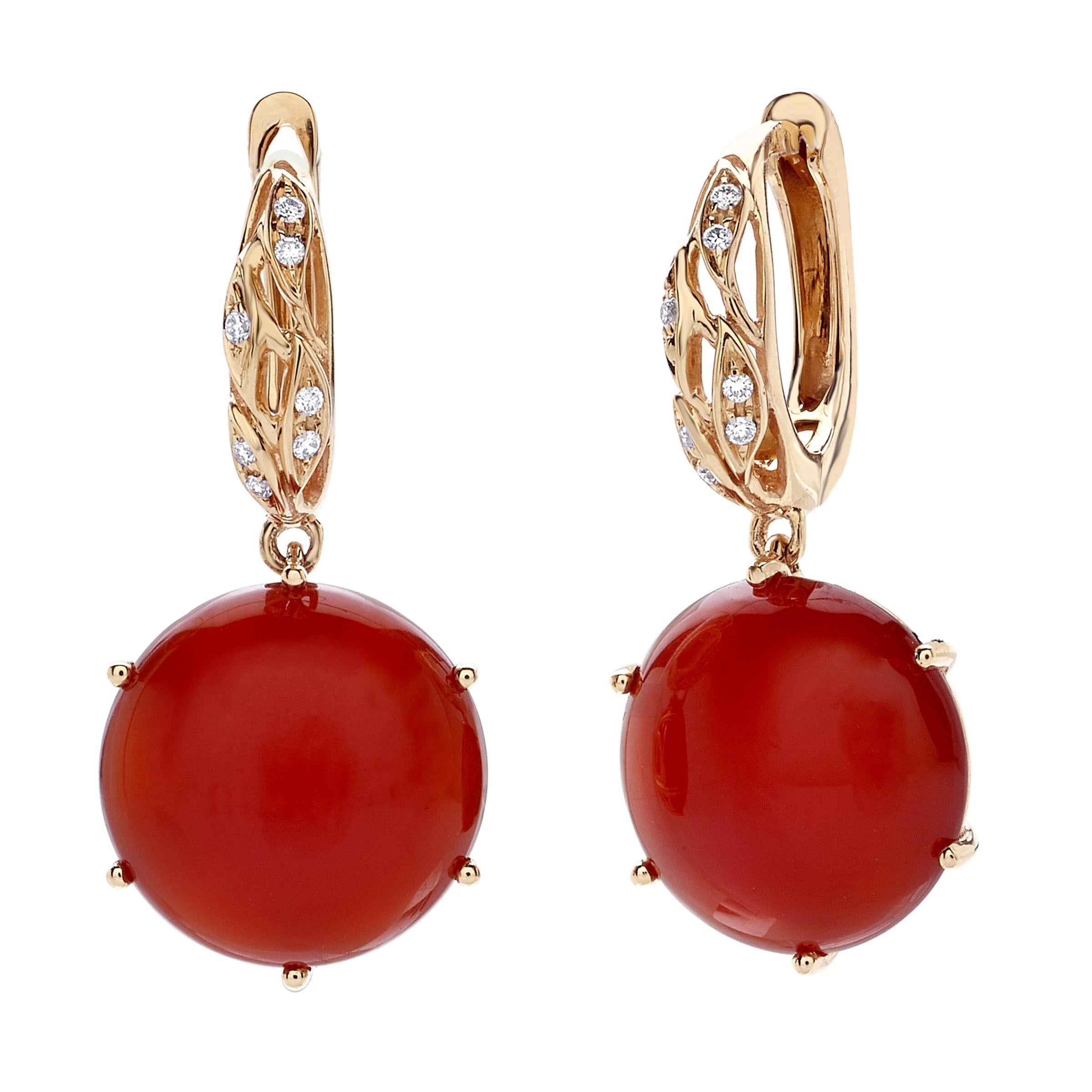 18 Carat Pink Gold Round Cut Diamonds and Carnelian Dangle Earrings For Sale