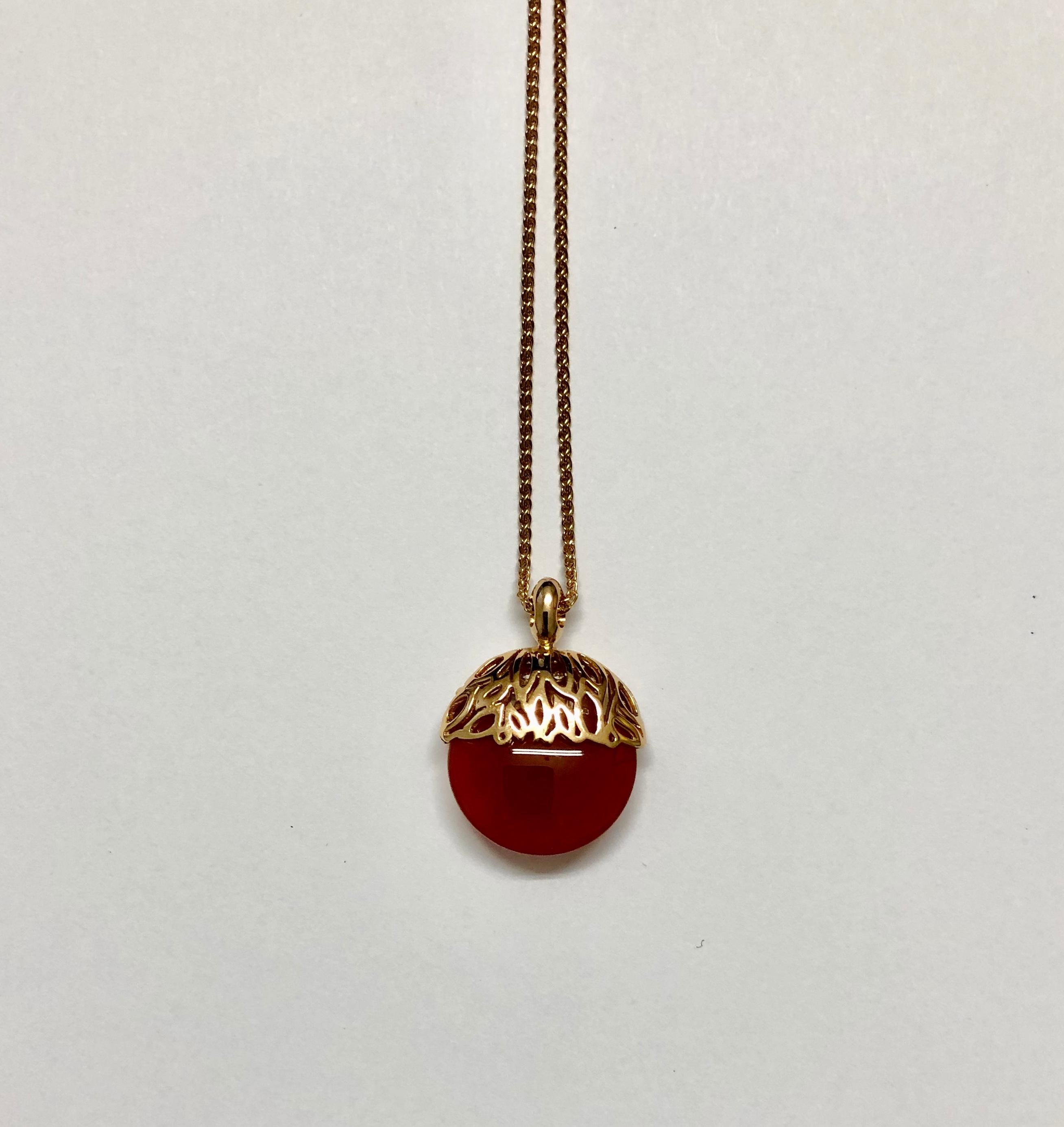18 Carat Pink Gold Round Cut Diamonds and Carnelian Pendant Necklace In New Condition For Sale In Valenza, IT
