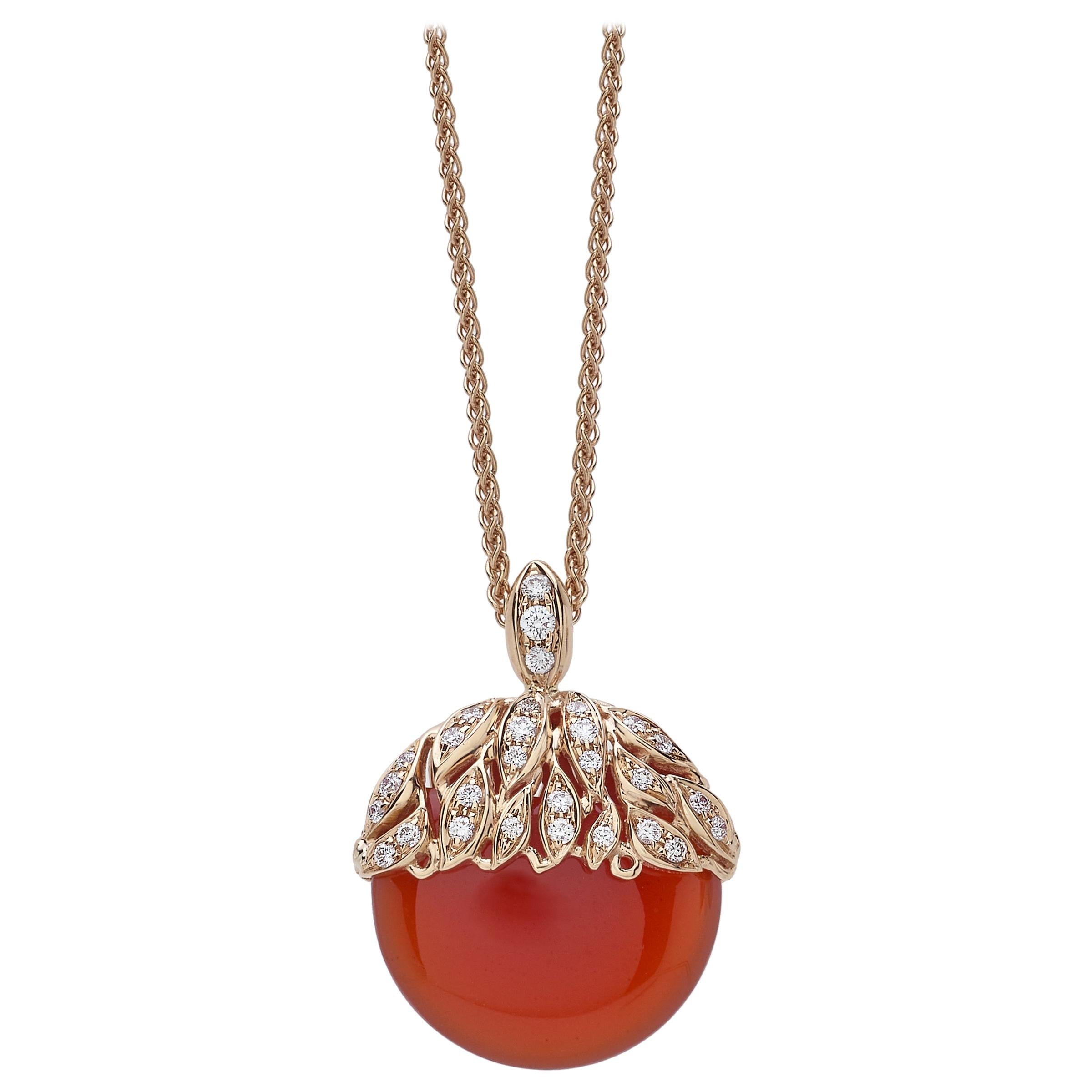 18 Carat Pink Gold Round Cut Diamonds and Carnelian Pendant Necklace For Sale