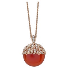 18 Carat Pink Gold Round Cut Diamonds and Carnelian Pendant Necklace