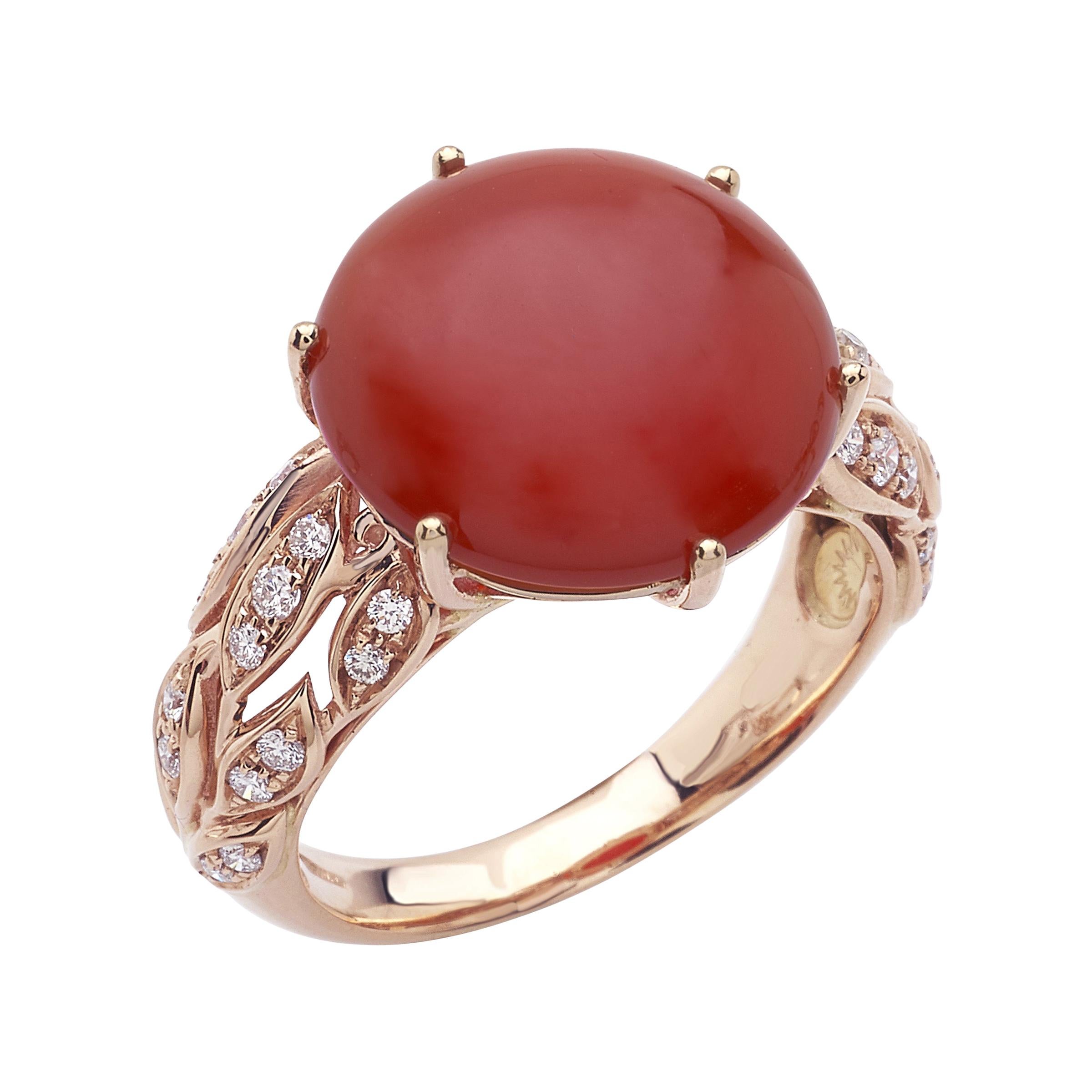 18 Carat Pink Gold Round Cut Diamonds and Carnelian Ring For Sale