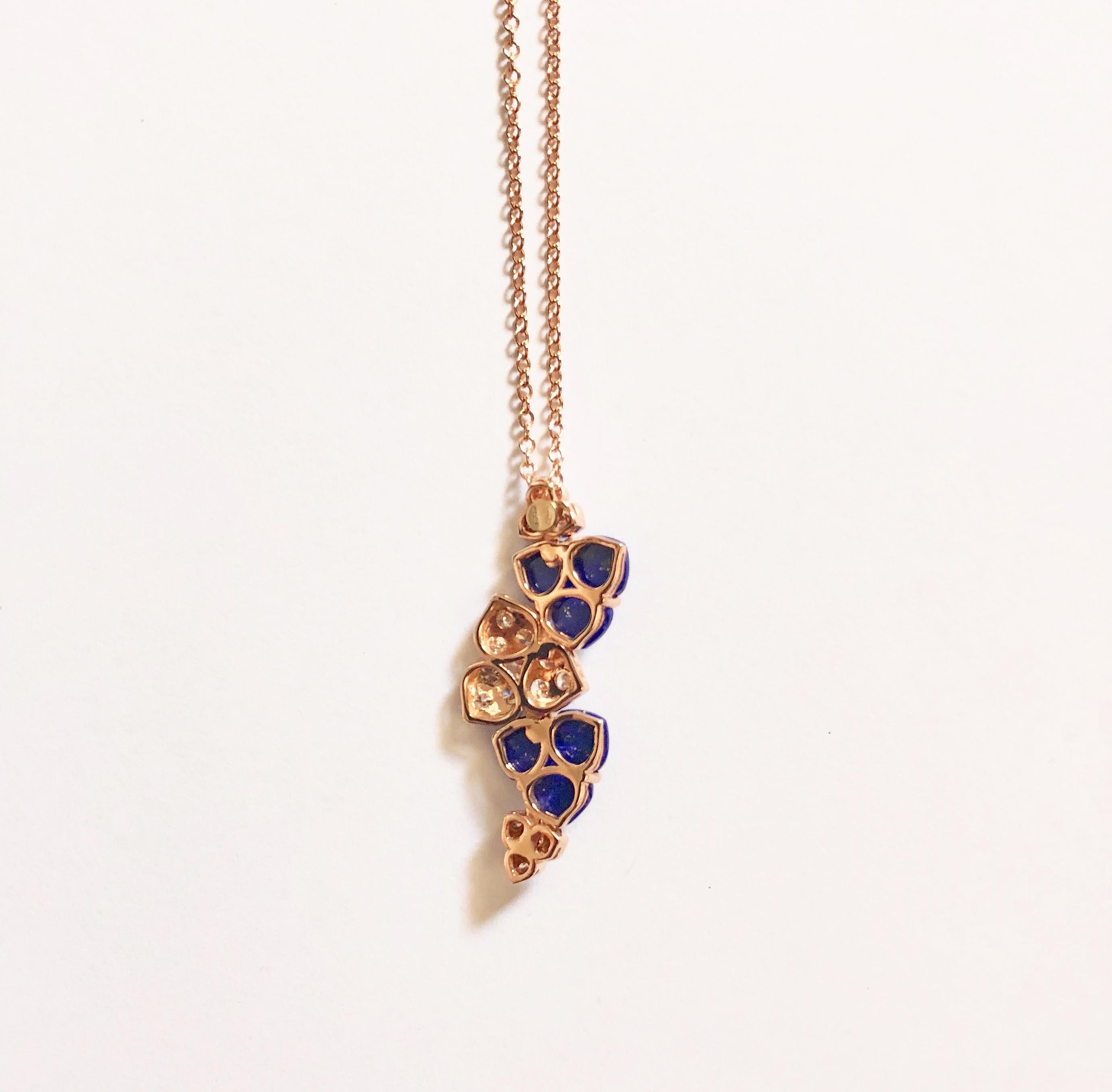 Contemporary 18 Carat Pink Gold Round Cut Diamonds and Lapis Lazuli Pendant Necklace For Sale