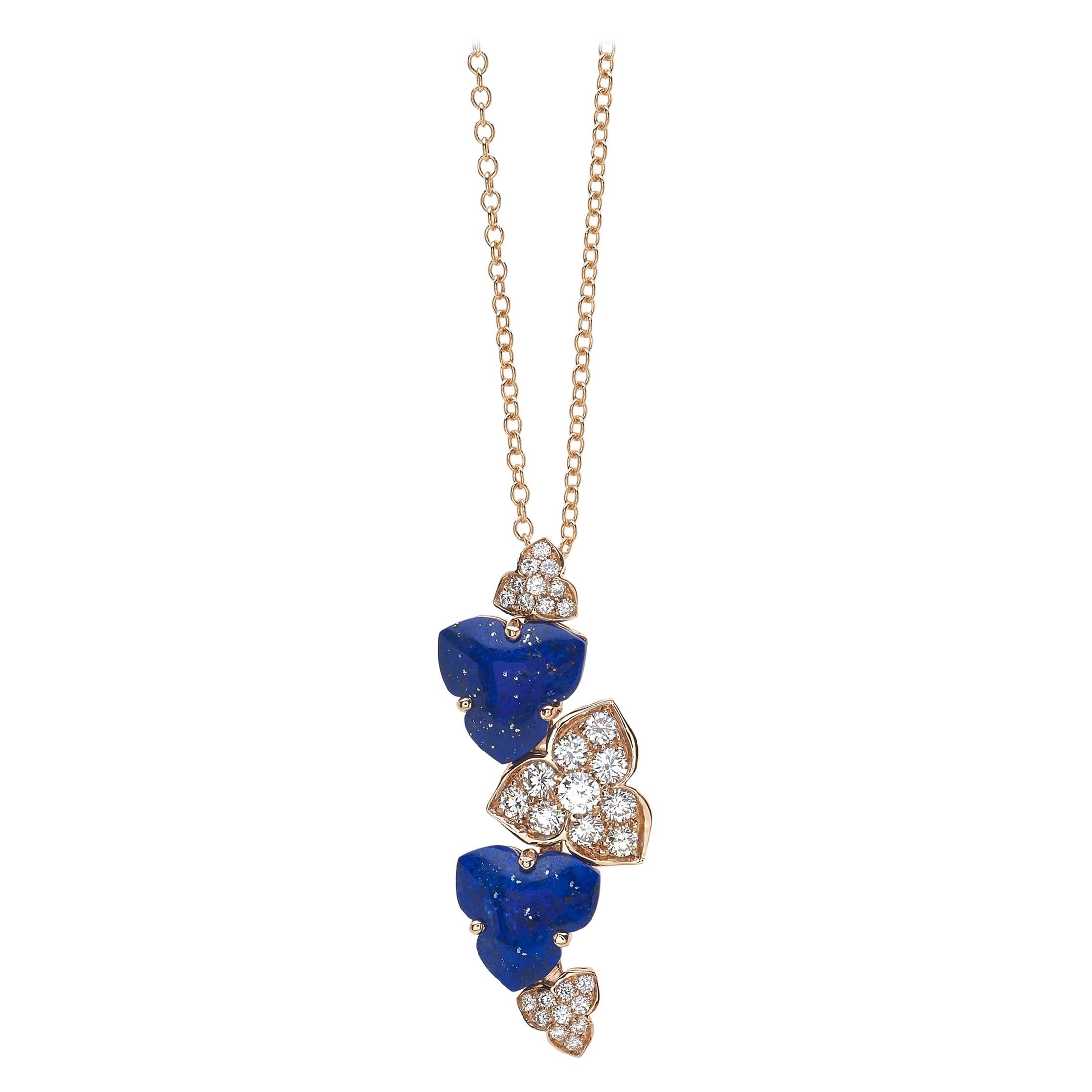 18 Carat Pink Gold Round Cut Diamonds and Lapis Lazuli Pendant Necklace For Sale