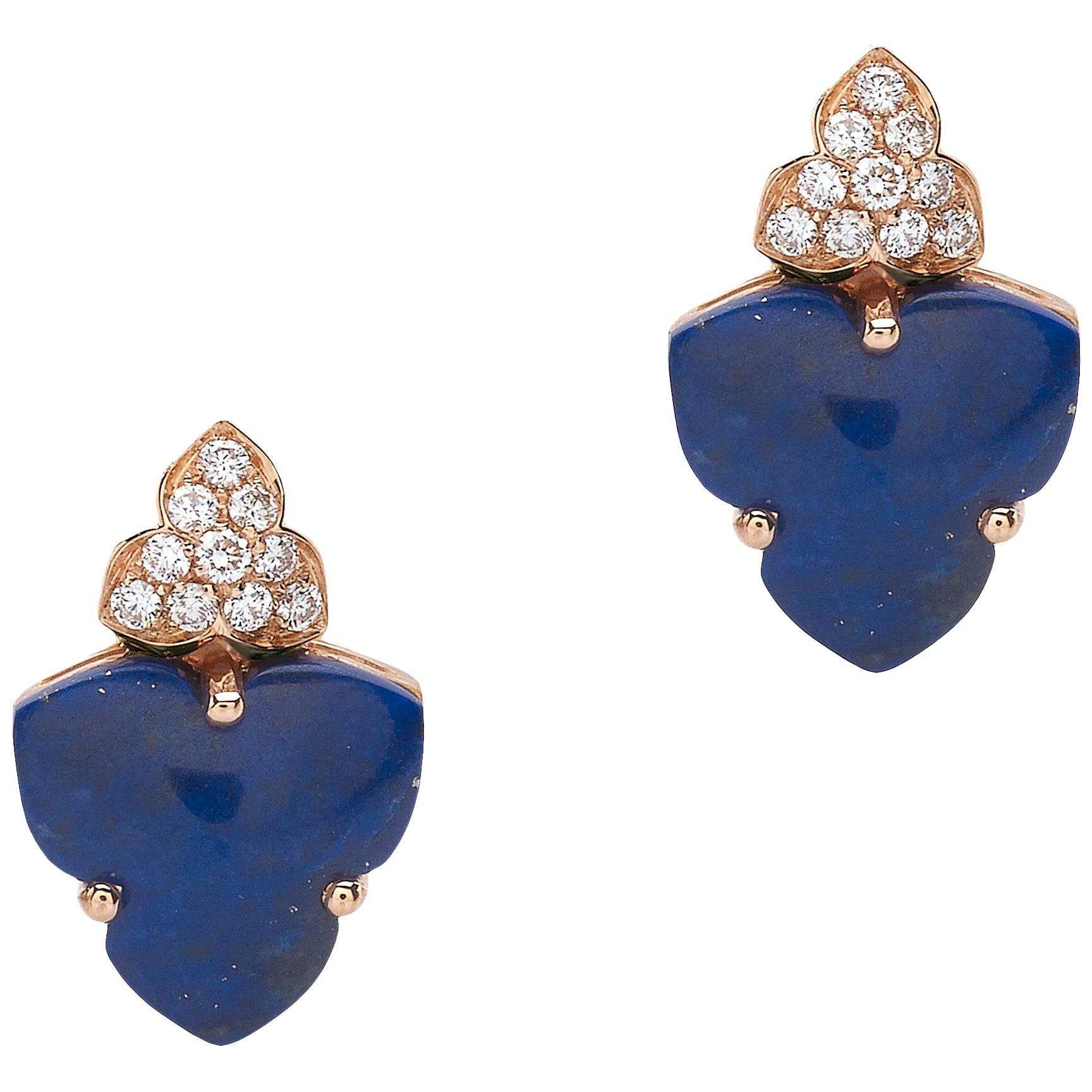 18 Carat Pink Gold Round Cut Diamonds and Lapis Lazuli Stud Earrings For Sale