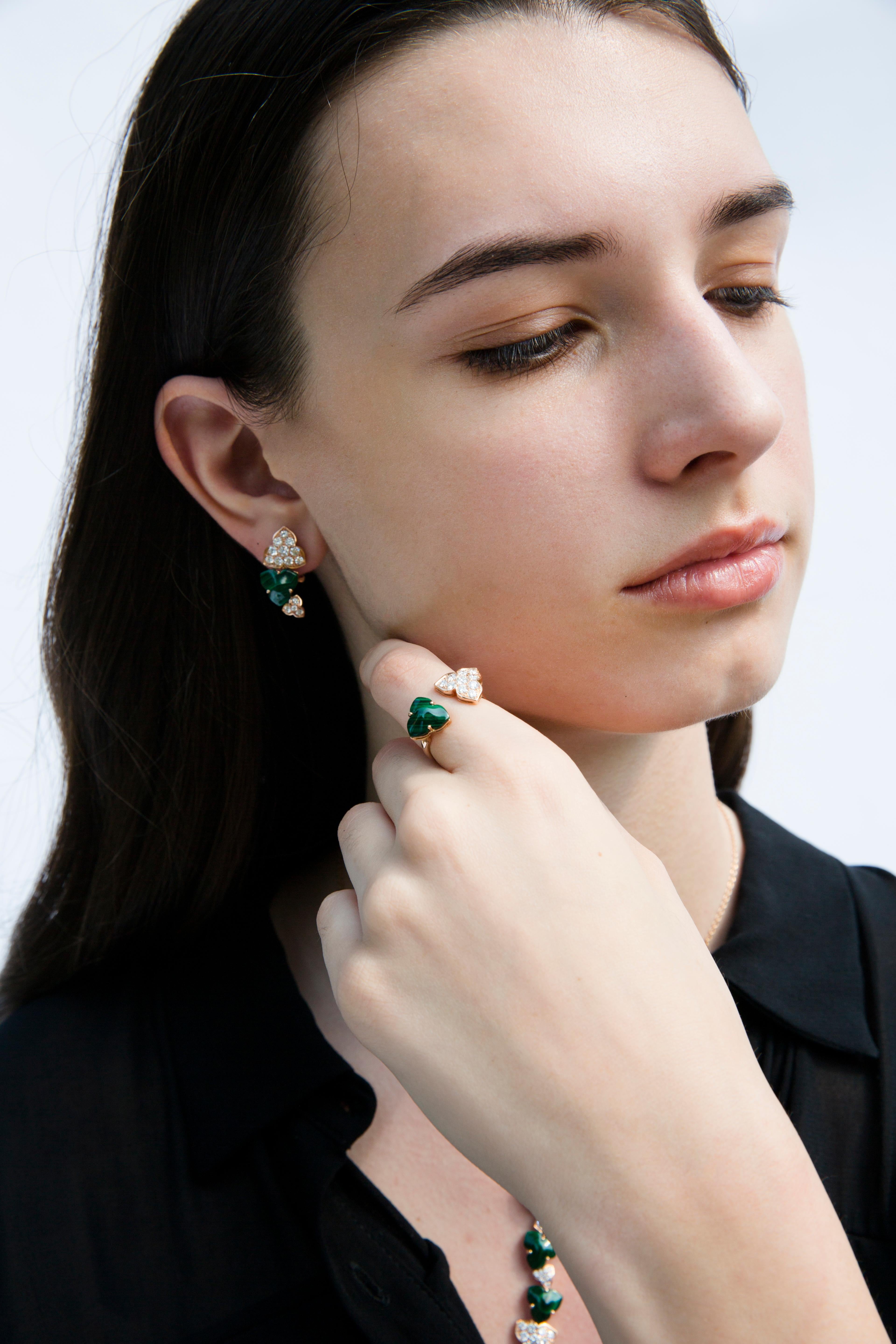 18 Carat Pink Gold Round Cut Diamonds and Malachite Clip-on Earrings, featuring 1,28 carats of diamonds, G color, VVS clarity; total piece weight: 9,20 gr
Handmade in Italy, ready in stock
Being a handmade jewel the above characteristics may be