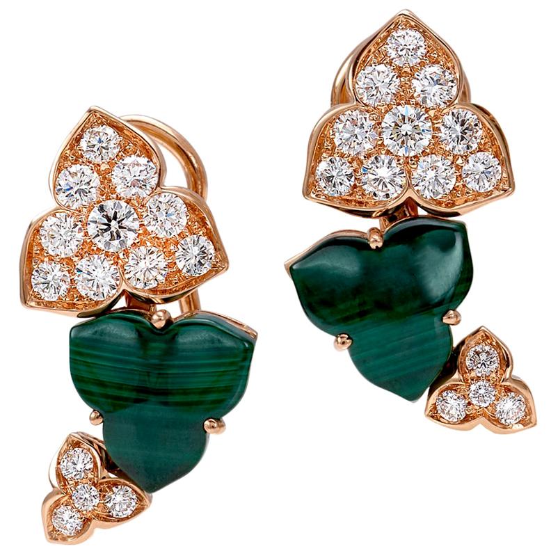 18 Carat Pink Gold Round Cut Diamonds and Malachite Clip-On Earrings For Sale