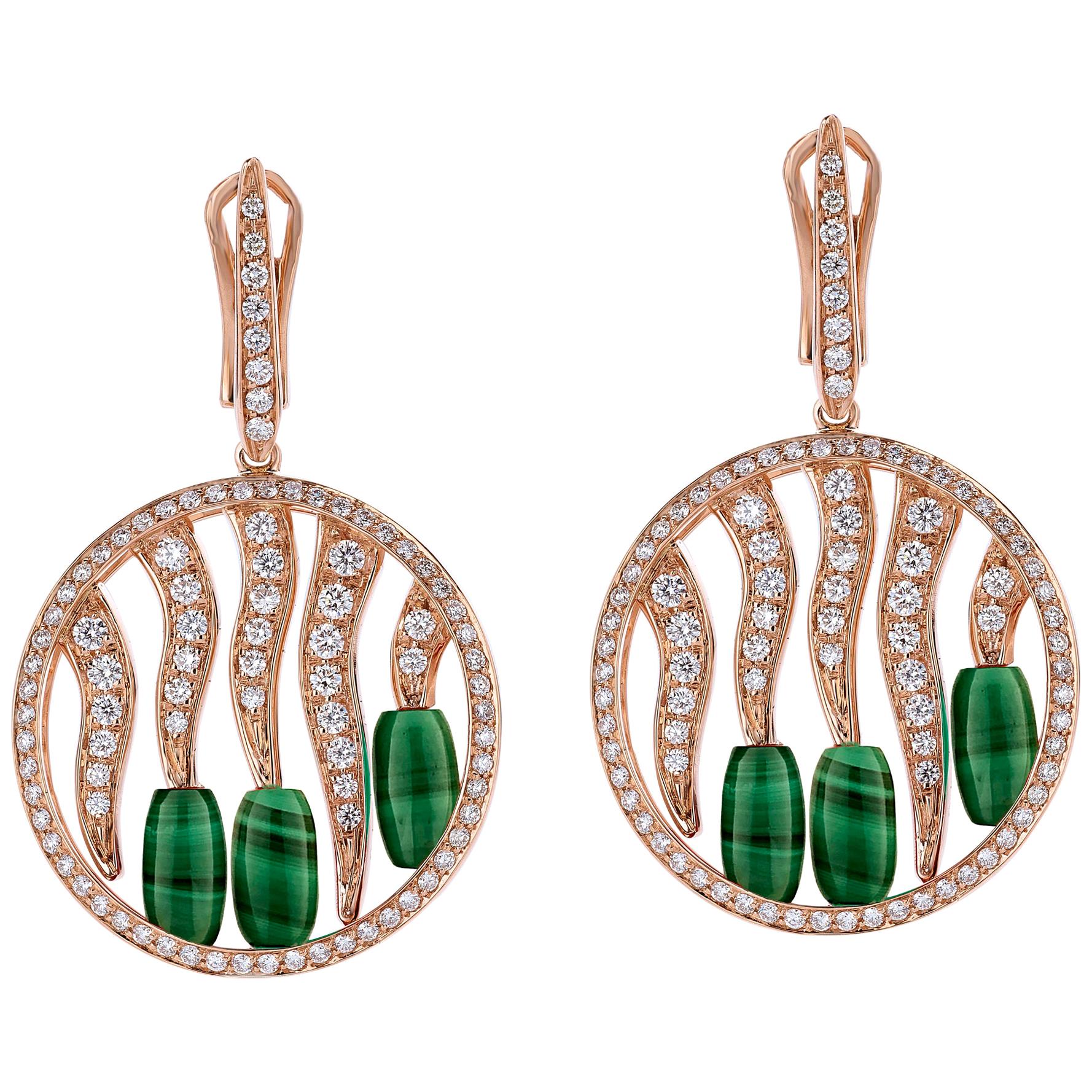 18 Carat Pink Gold Round Cut Diamonds and Malachite Dangle Earrings For Sale