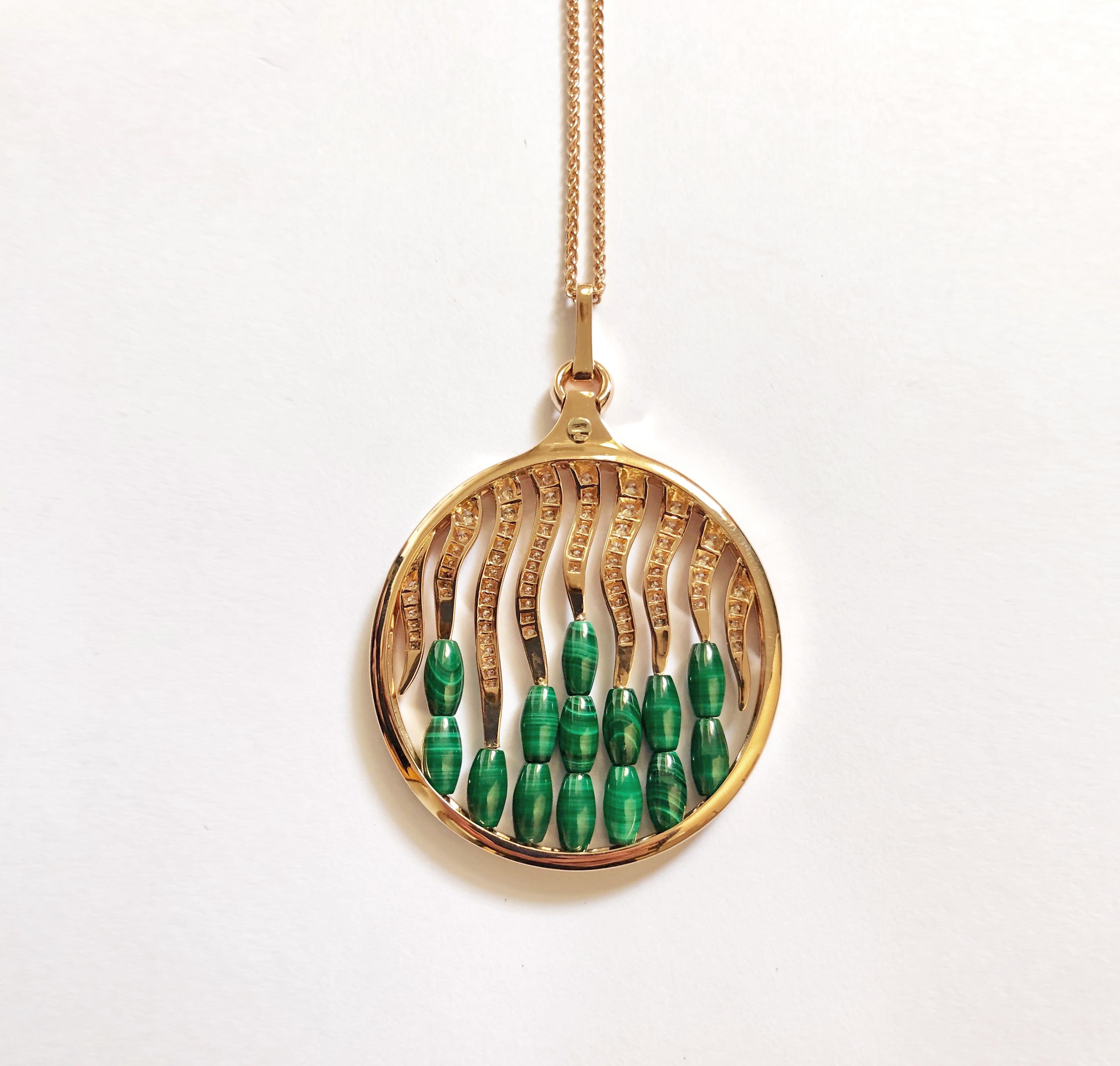 Contemporary 18 Carat Pink Gold Round Cut Diamonds and Malachite Pendant Necklace For Sale