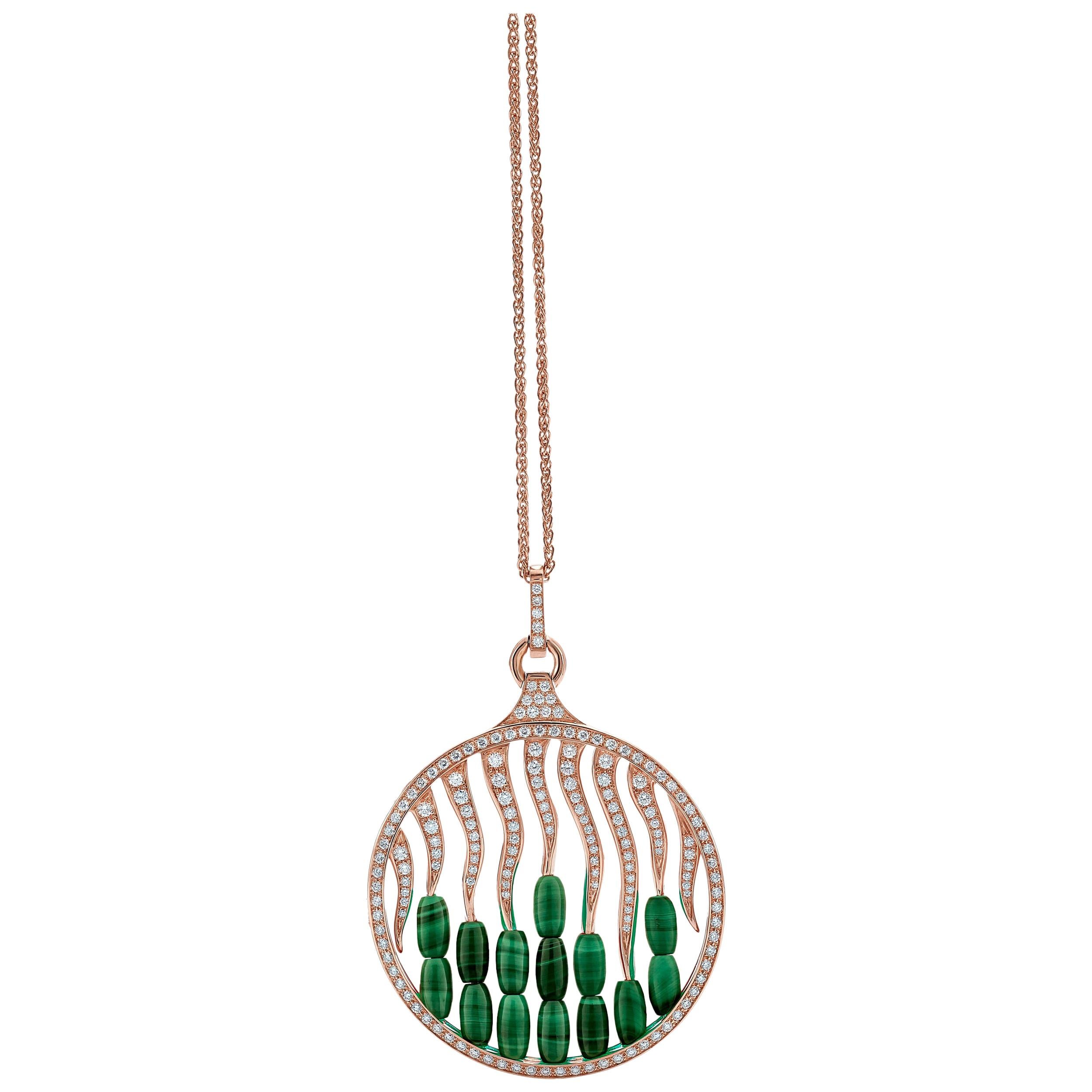 18 Carat Pink Gold Round Cut Diamonds and Malachite Pendant Necklace For Sale
