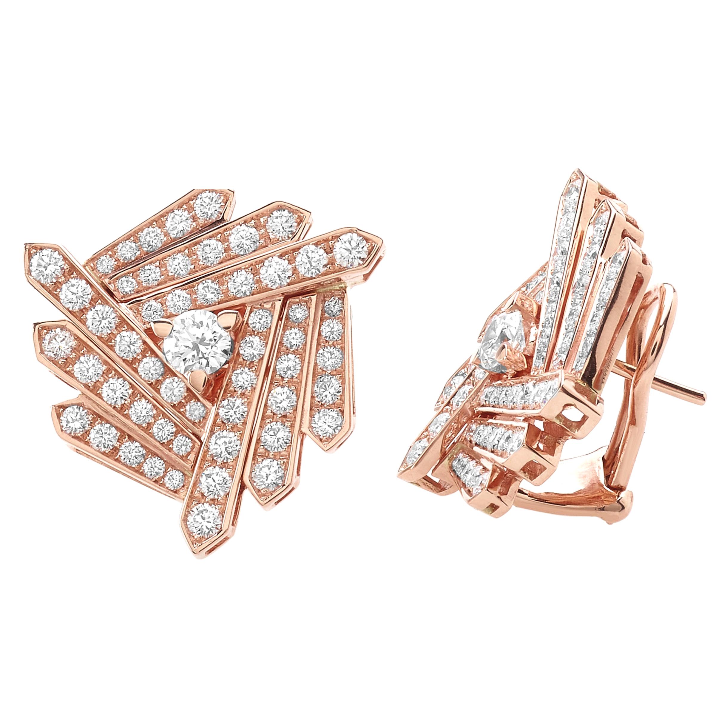 18 Carat Pink Gold Round Cut Diamonds Geometrical Design Earrings For Sale