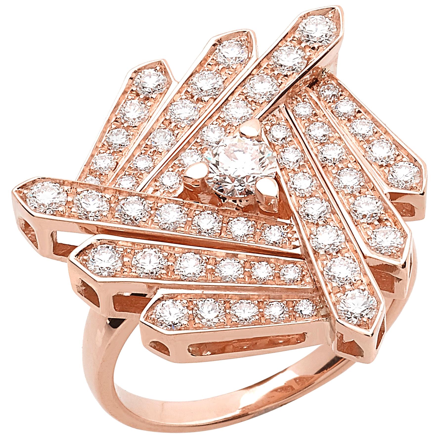 18 Carat Pink Gold Round Cut Diamonds Geometrical Design Ring For Sale