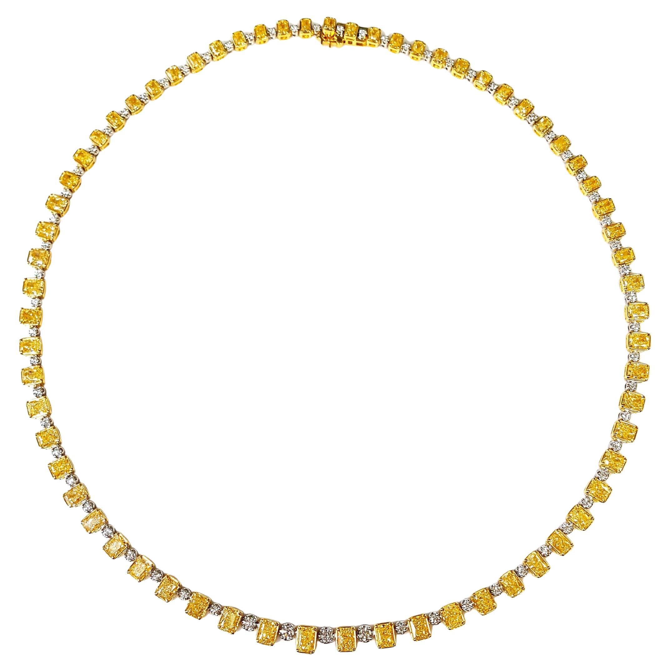 18 Carat Radiant Natural Yellow Diamonds Alternating Tennis Necklace in 18K Gold