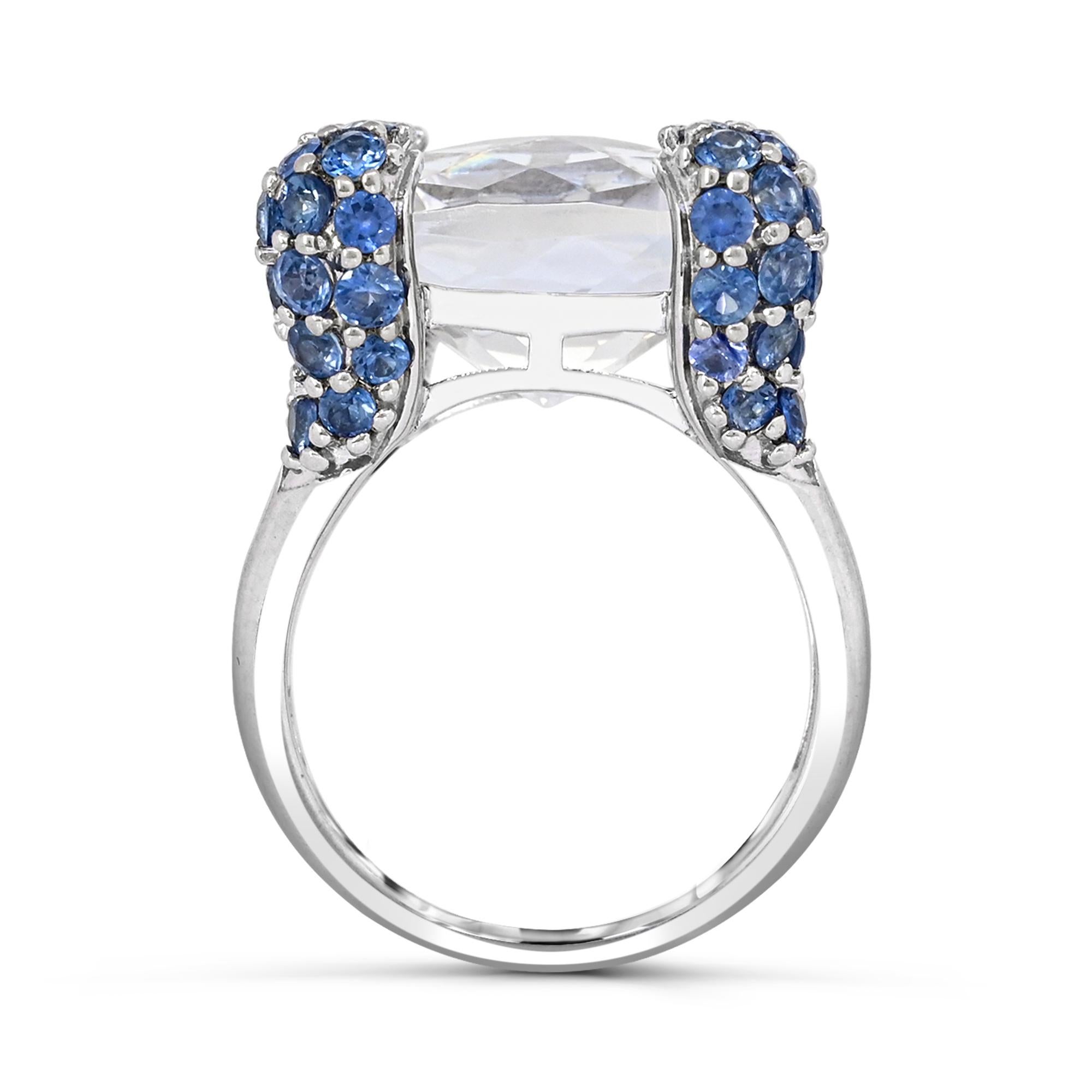 Cushion Cut 18 Carat Rock Crystal and Blue Sapphire Accent Sterling Silver Cocktail Ring For Sale