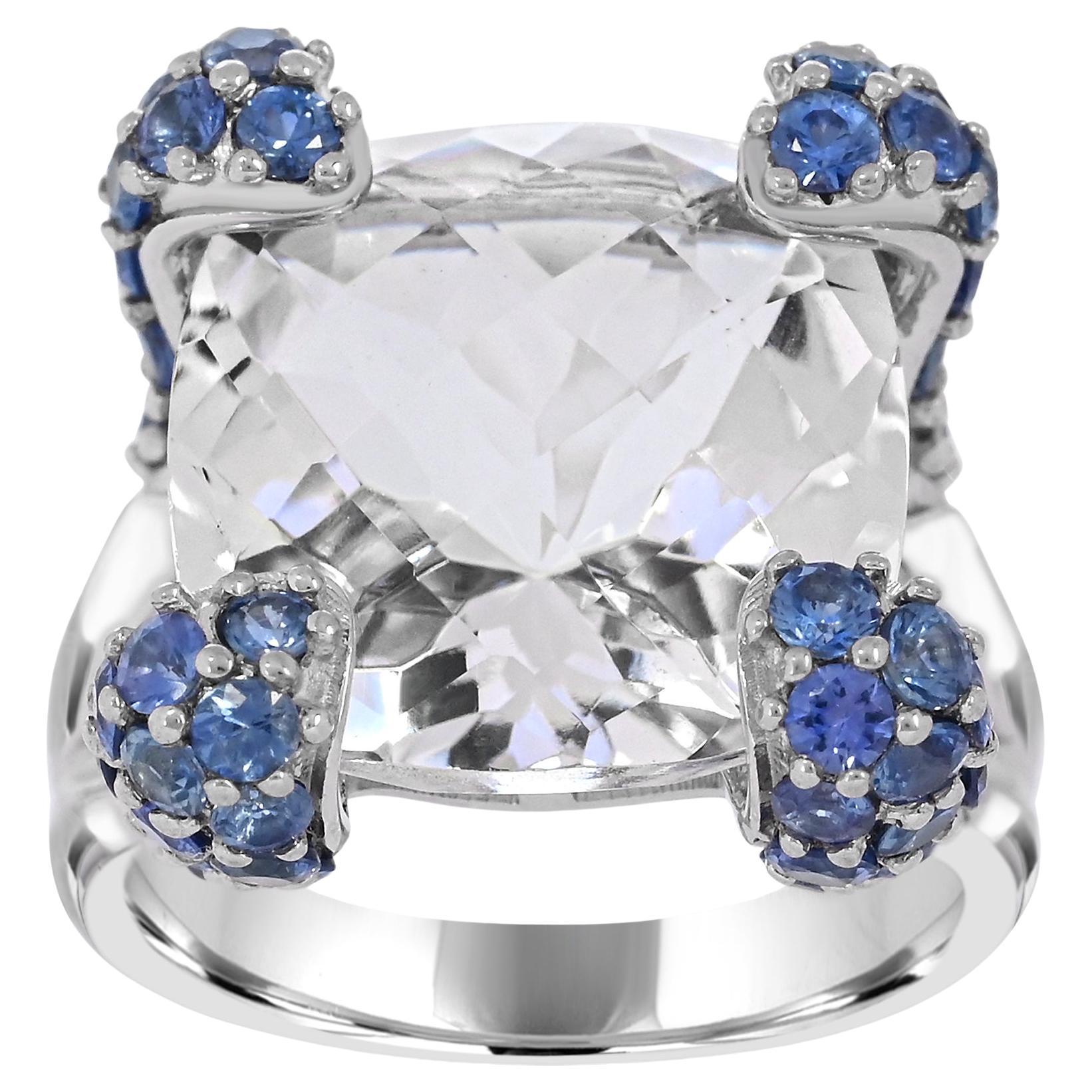 18 Carat Rock Crystal and Blue Sapphire Accent Sterling Silver Cocktail Ring For Sale