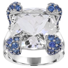 18 Carat Rock Crystal and Blue Sapphire Accent Sterling Silver Cocktail Ring