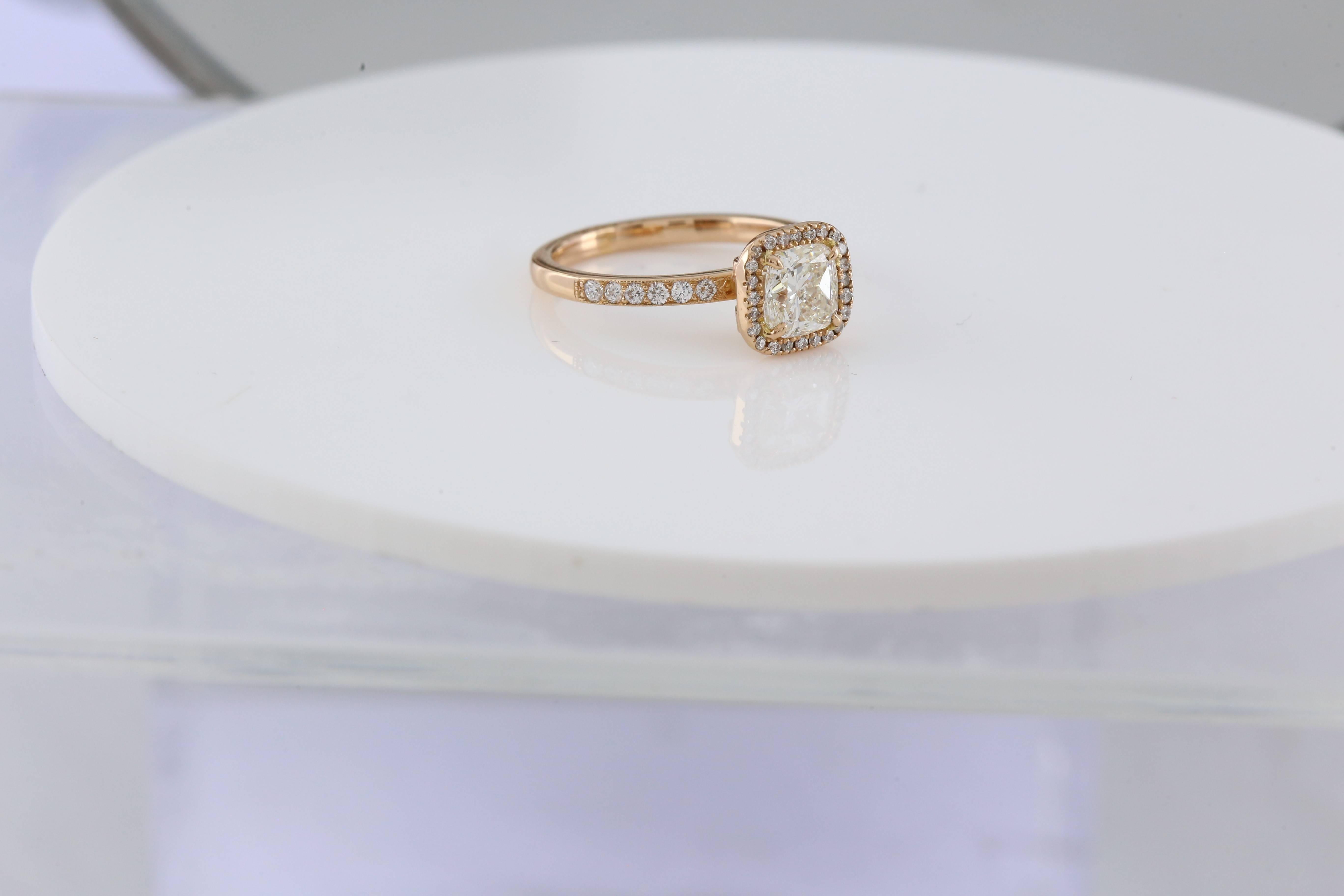 Modern 18 Carat Rose 1.01 Carat Cushion Halo WGI Certificated Ring For Sale