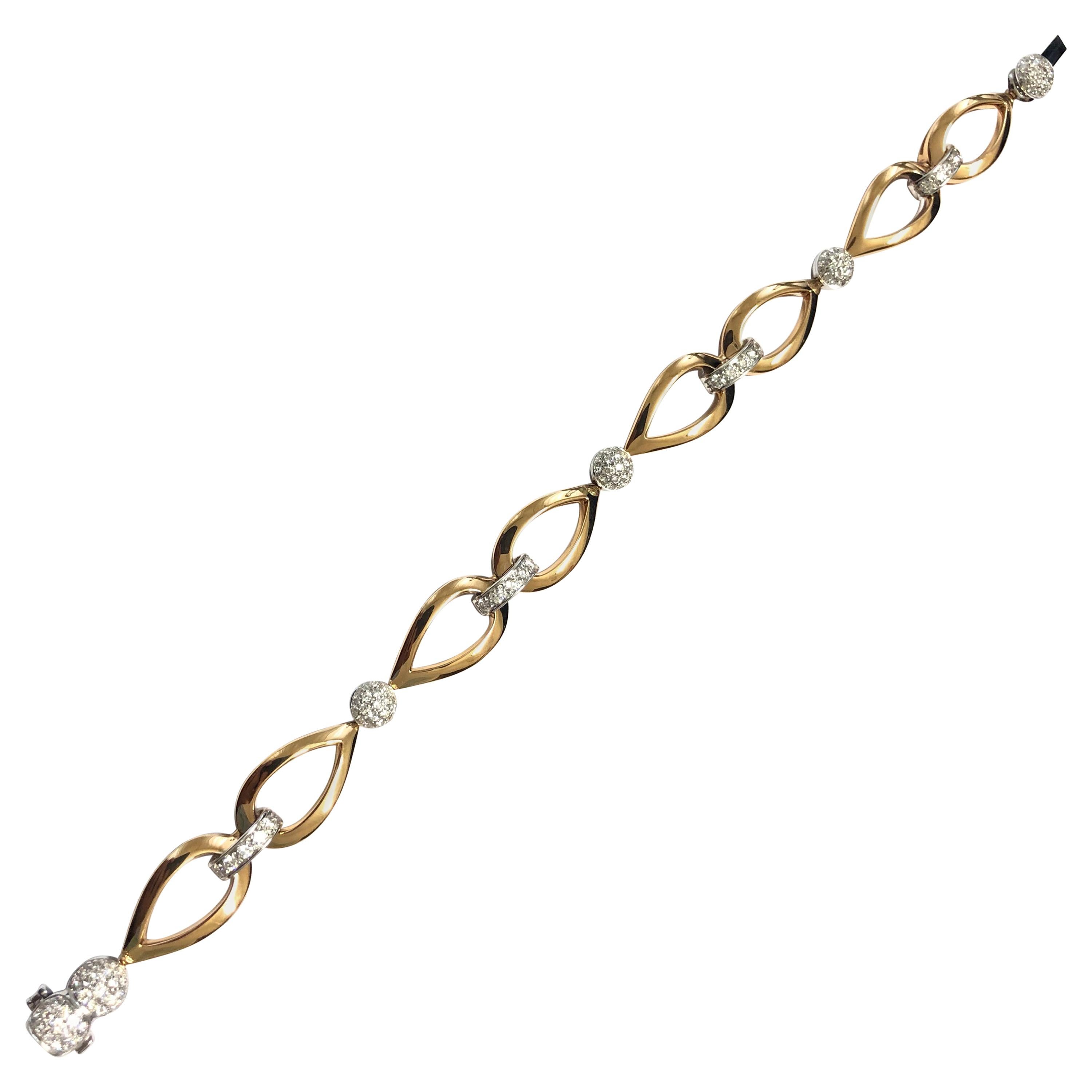18 Carat Rose and White Gold Diamond Chain Bracelet For Sale