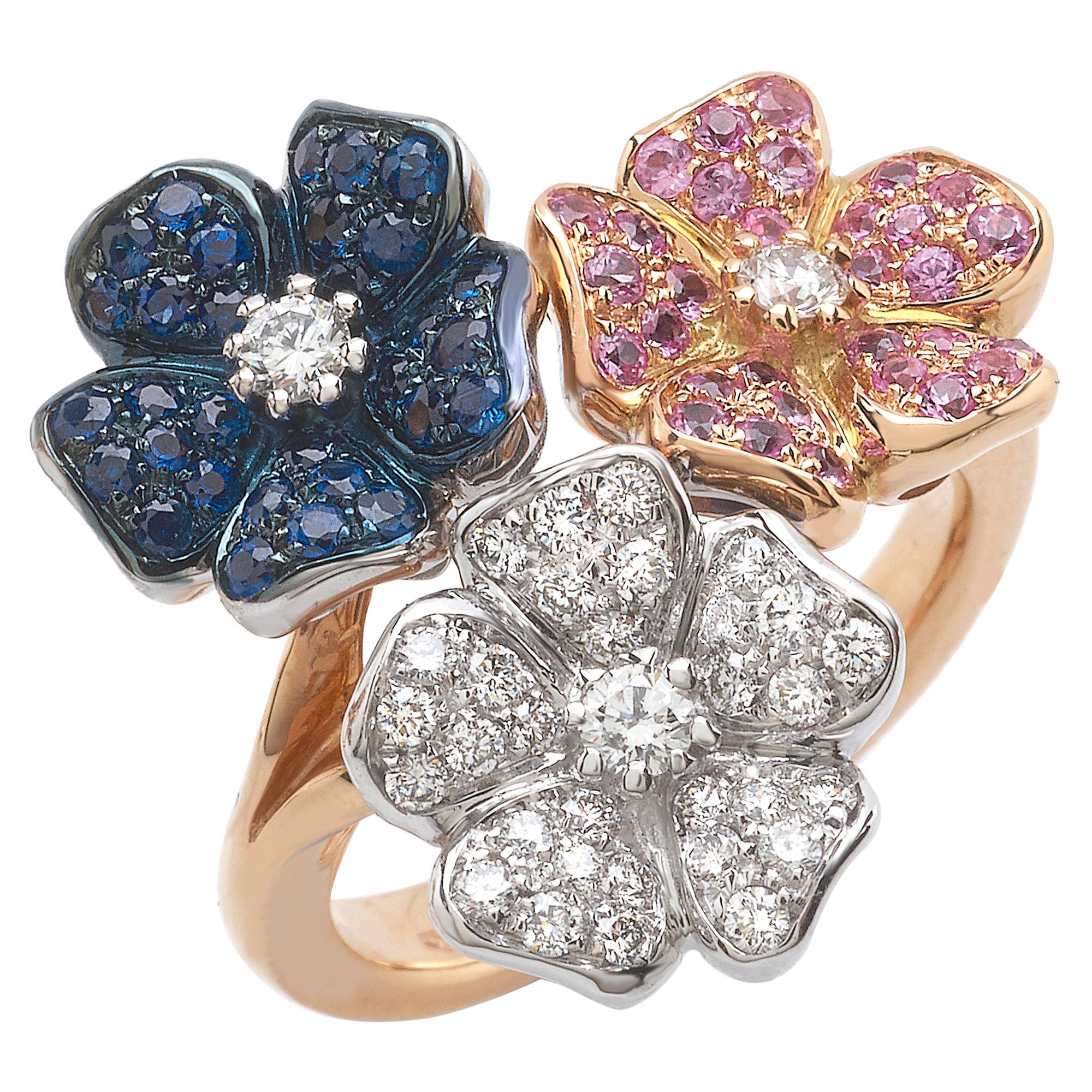 18 Carat Rose and White Gold Round Cut Diamonds Blue and Pink Sapphires