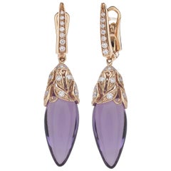 18 Carat Rose Gold Amethyst Round Brilliant Cut Diamond Dangle Earrings