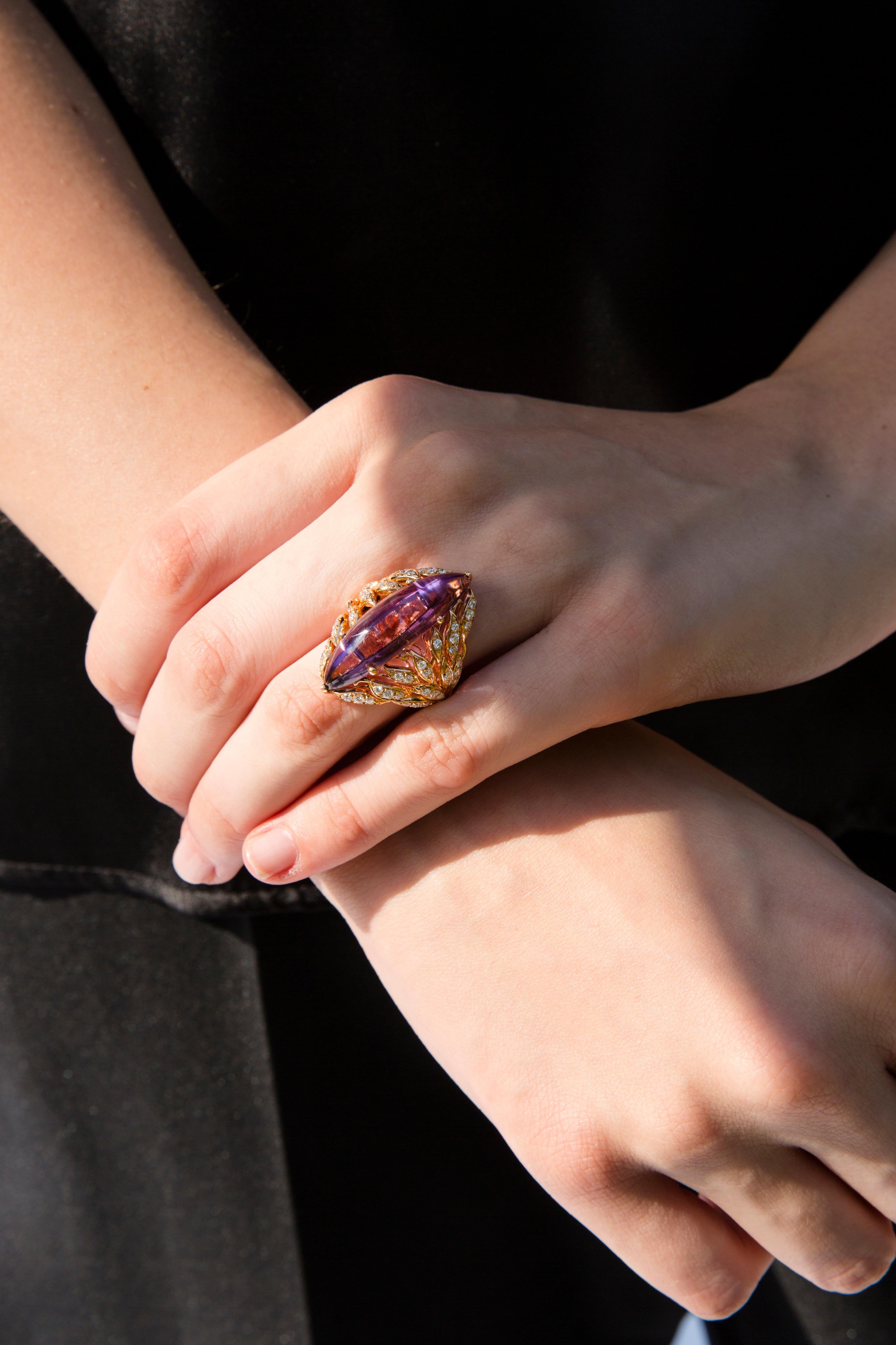 Contemporary 18 Carat Rose Gold Amethyst Round Brilliant Cut Diamonds Cocktail Ring For Sale
