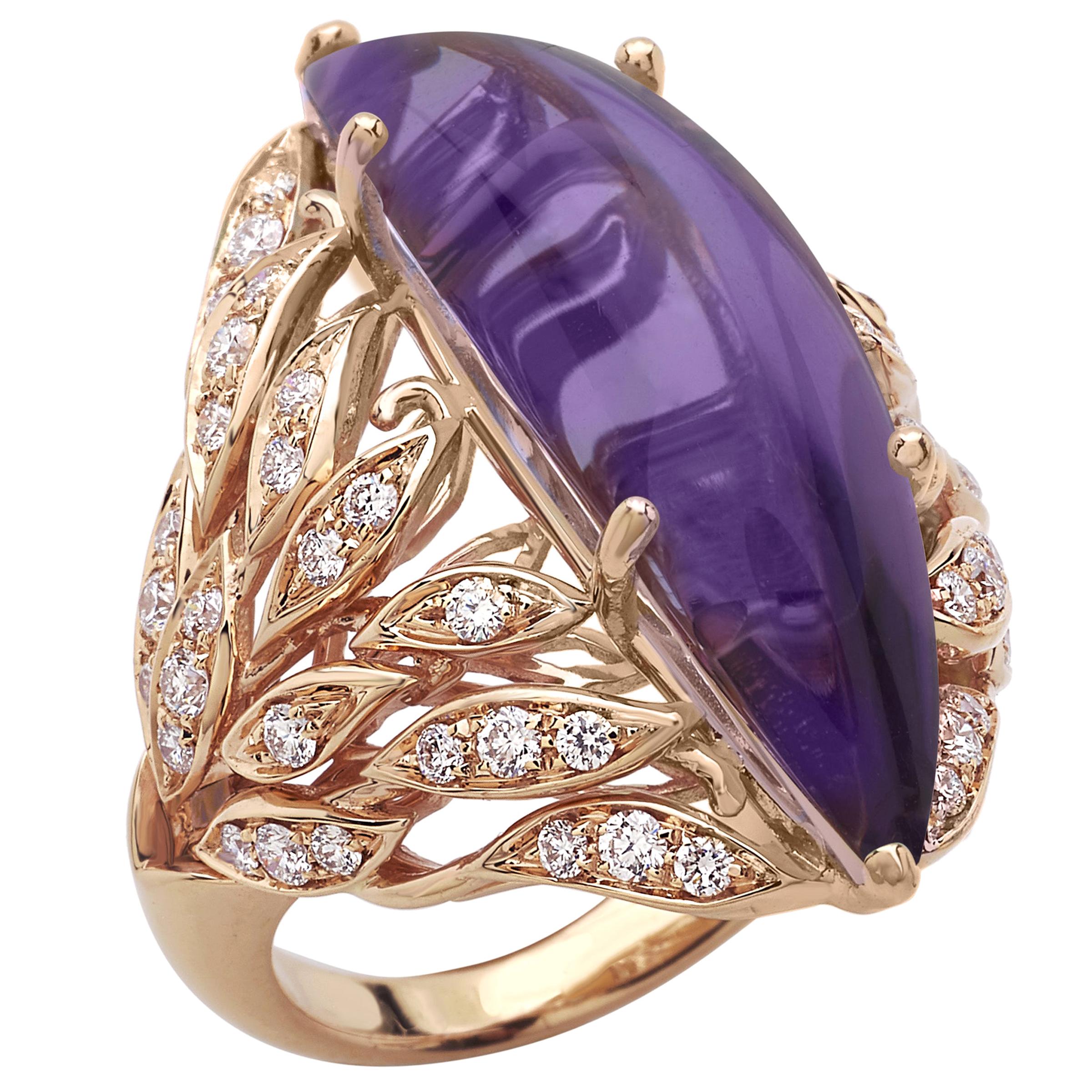 18 Carat Rose Gold Amethyst Round Brilliant Cut Diamonds Cocktail Ring For Sale