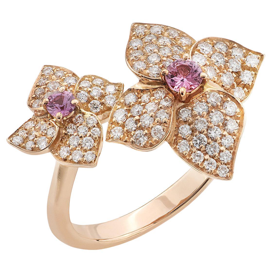 18 Carat Rose Gold, Diamonds and Rose Sapphire, Flower Jewelry, Ortensia Ring