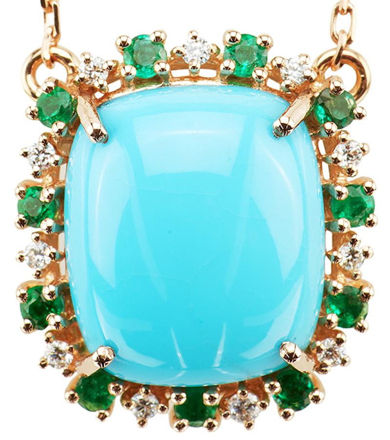 An elegant pendant necklace embellished by a composition of emerald and diamonds surrounding a turquoise gemstone.

Characteristics:
• 18 carat rose gold
• Diamond 0,12 carats VVS G
• Emeralds 0,36 carats
• Weight 6,30 gr
• Handmade in