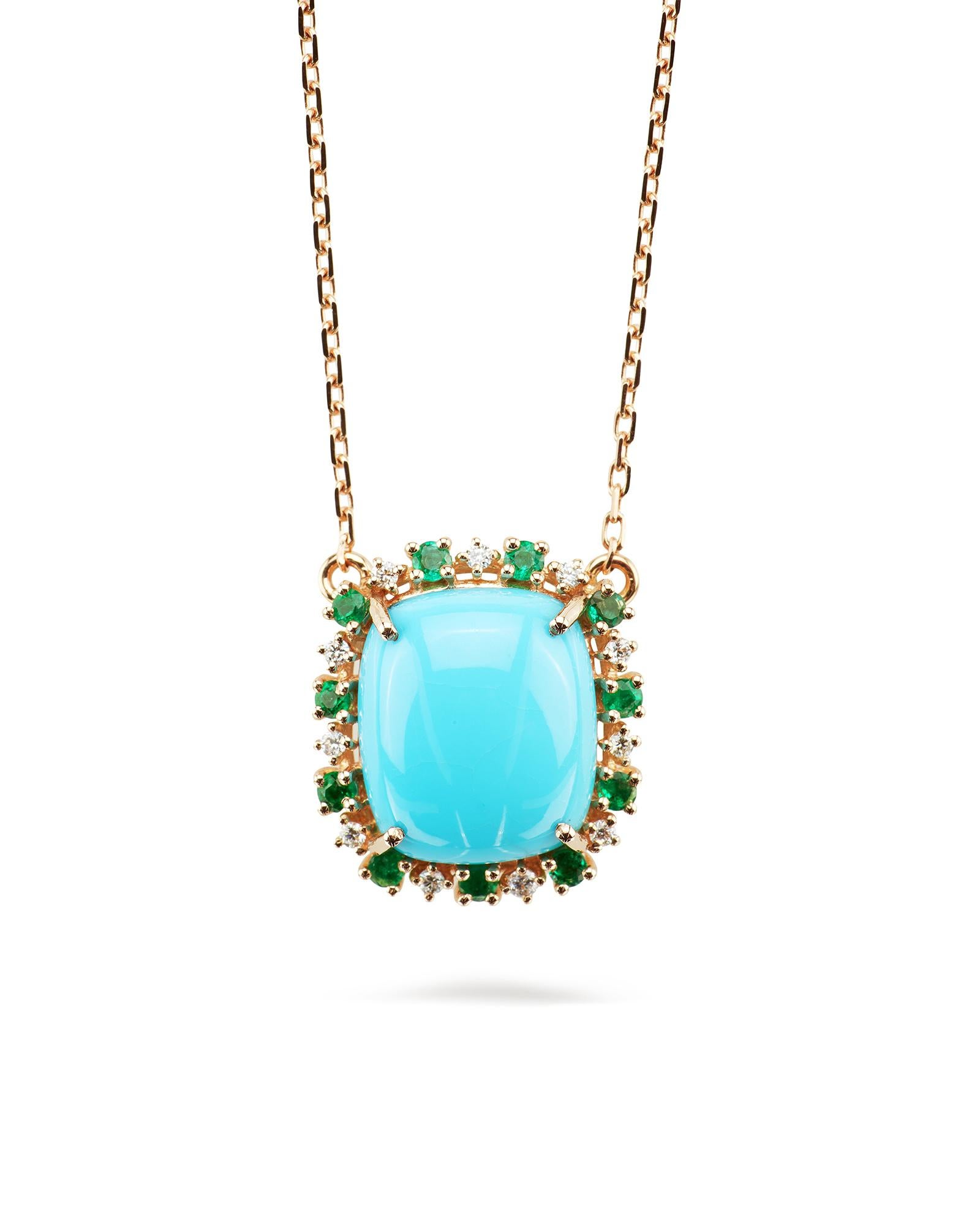 Artisan 18 Carat Rose Gold, Diamonds, Emerald and Turquoise Pendant Necklace, Leonori For Sale