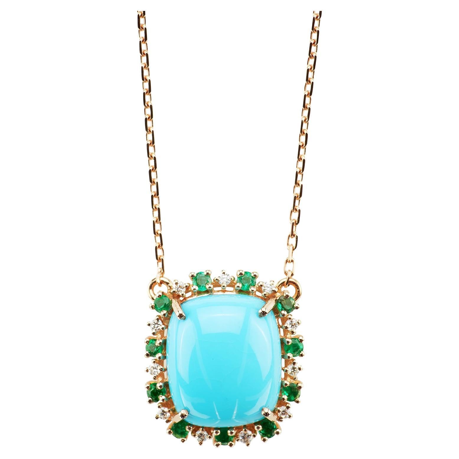 18 Carat Rose Gold, Diamonds, Emerald and Turquoise Pendant Necklace, Leonori For Sale