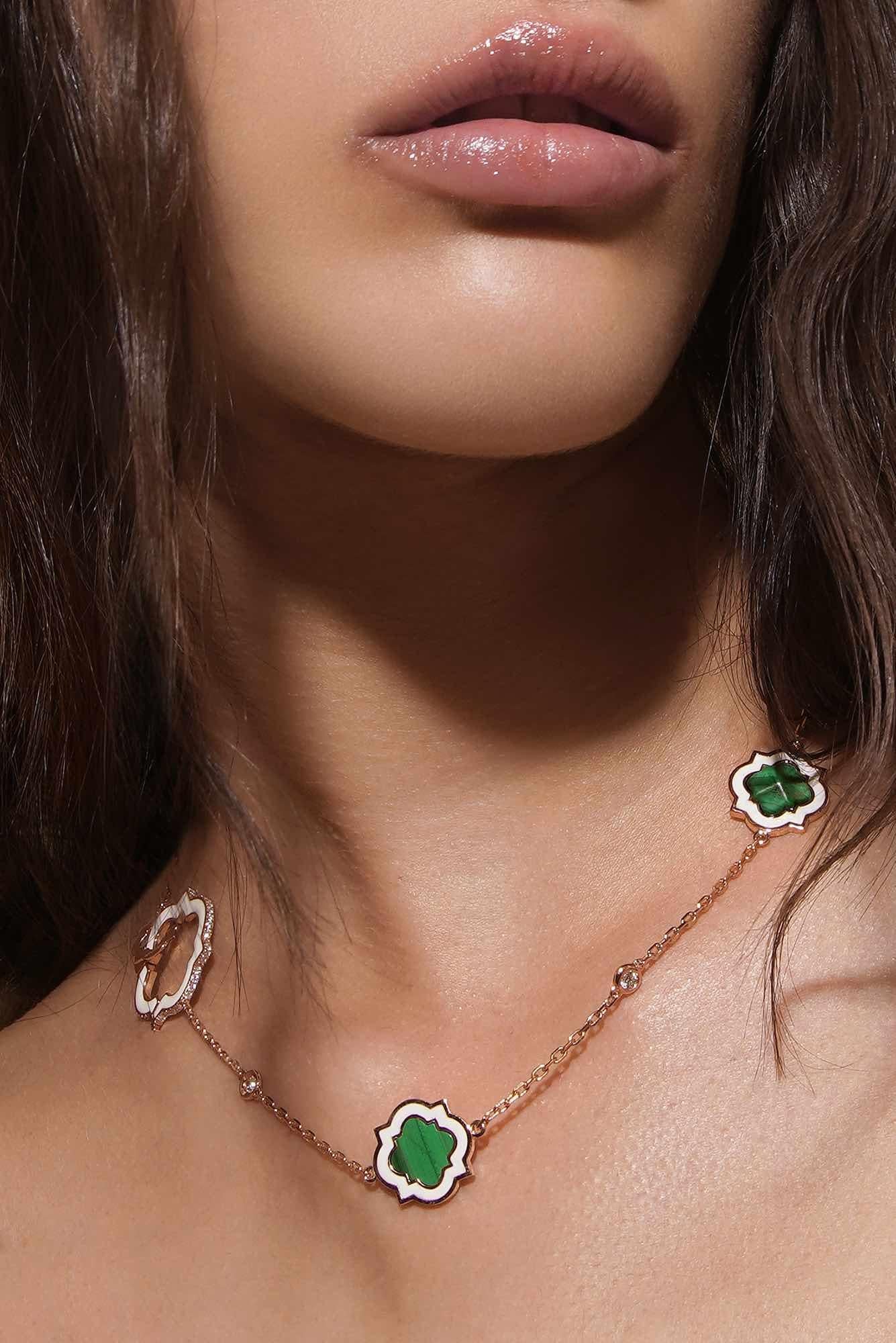 Contemporary 18 Carat Rose Gold, Diamonds, White Enamel and Malachite, Anime Necklace For Sale