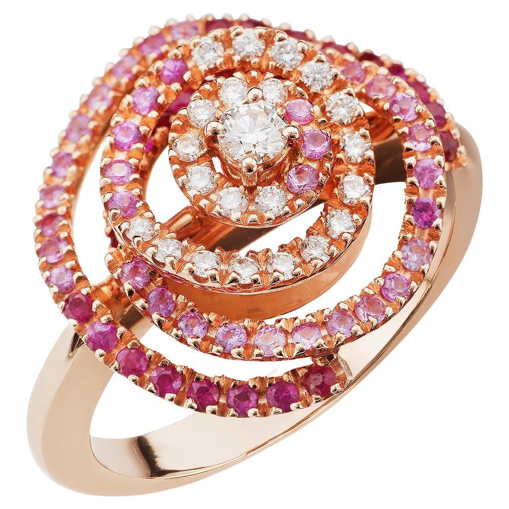 18 Carat Rose Gold, Diamonds, Pink Sapphire and Rubies, Peonia Ring, Flower Jewelry For Sale