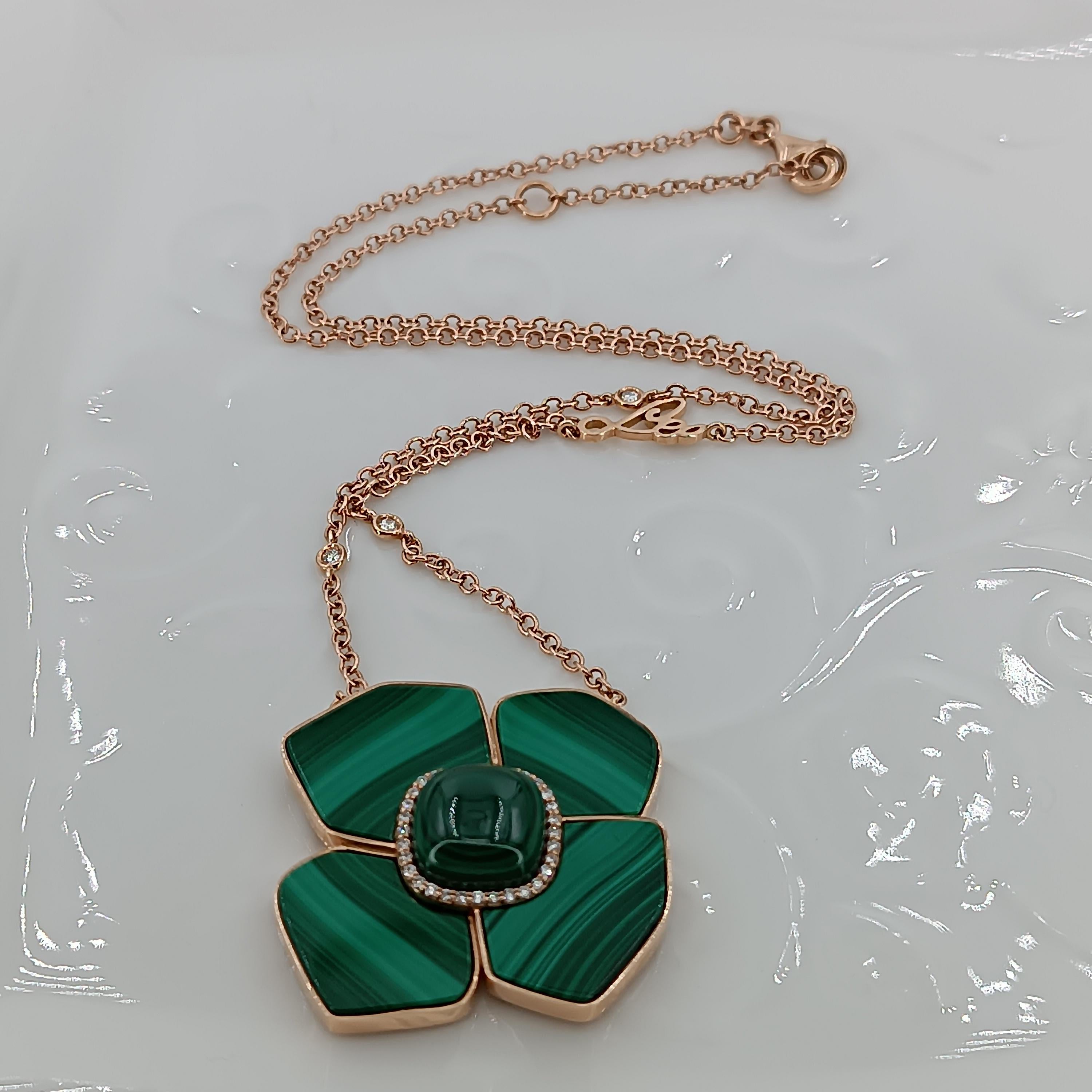 18 Carat Rose Gold Grams 14.35 Malachite Diamonds 0.22 Carats Necklace For Sale 6