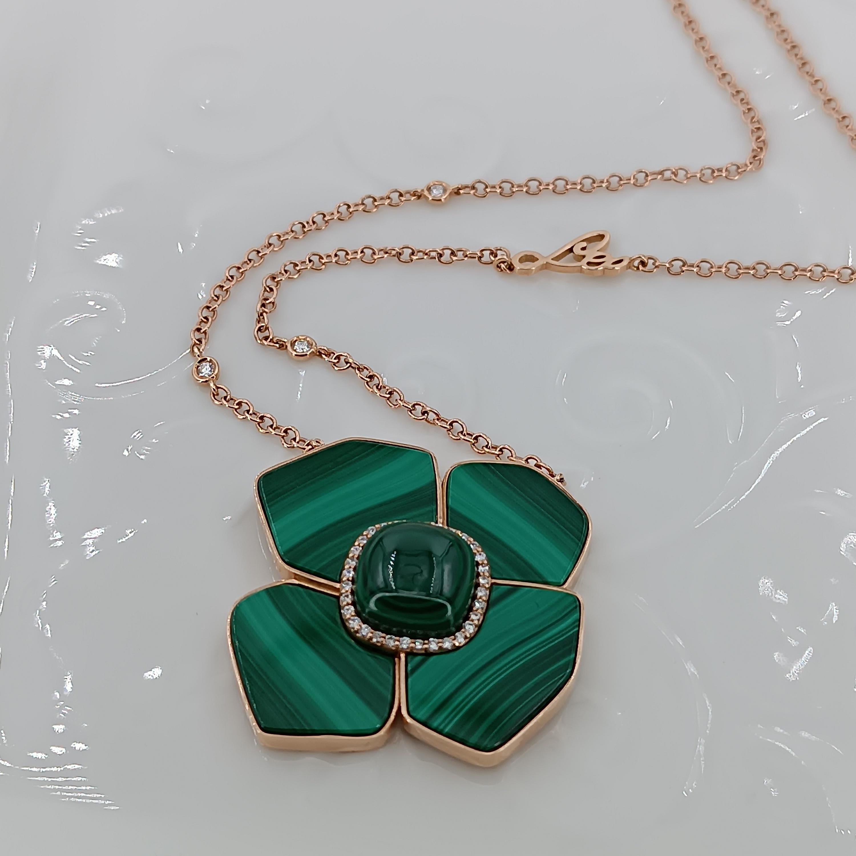 18 Carat Rose Gold Grams 14.35 Malachite Diamonds 0.22 Carats Necklace For Sale 5