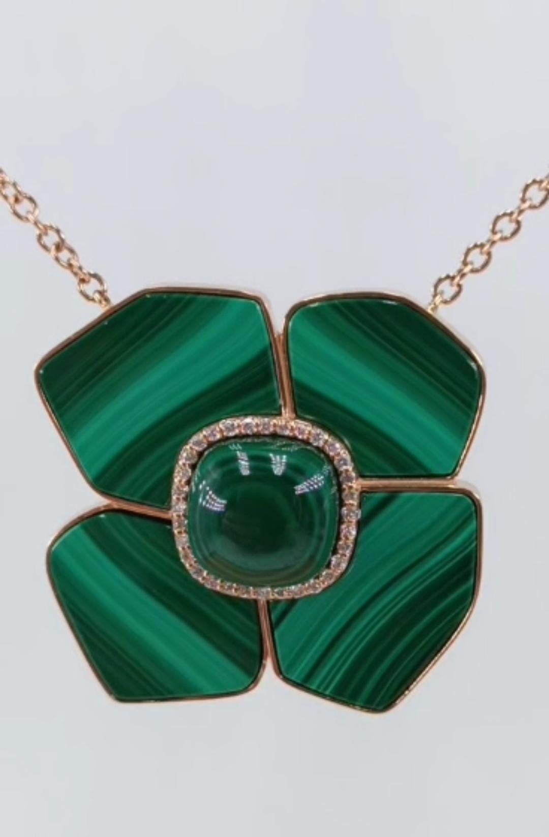Women's 18 Carat Rose Gold Grams 14.35 Malachite Diamonds 0.22 Carats Necklace For Sale