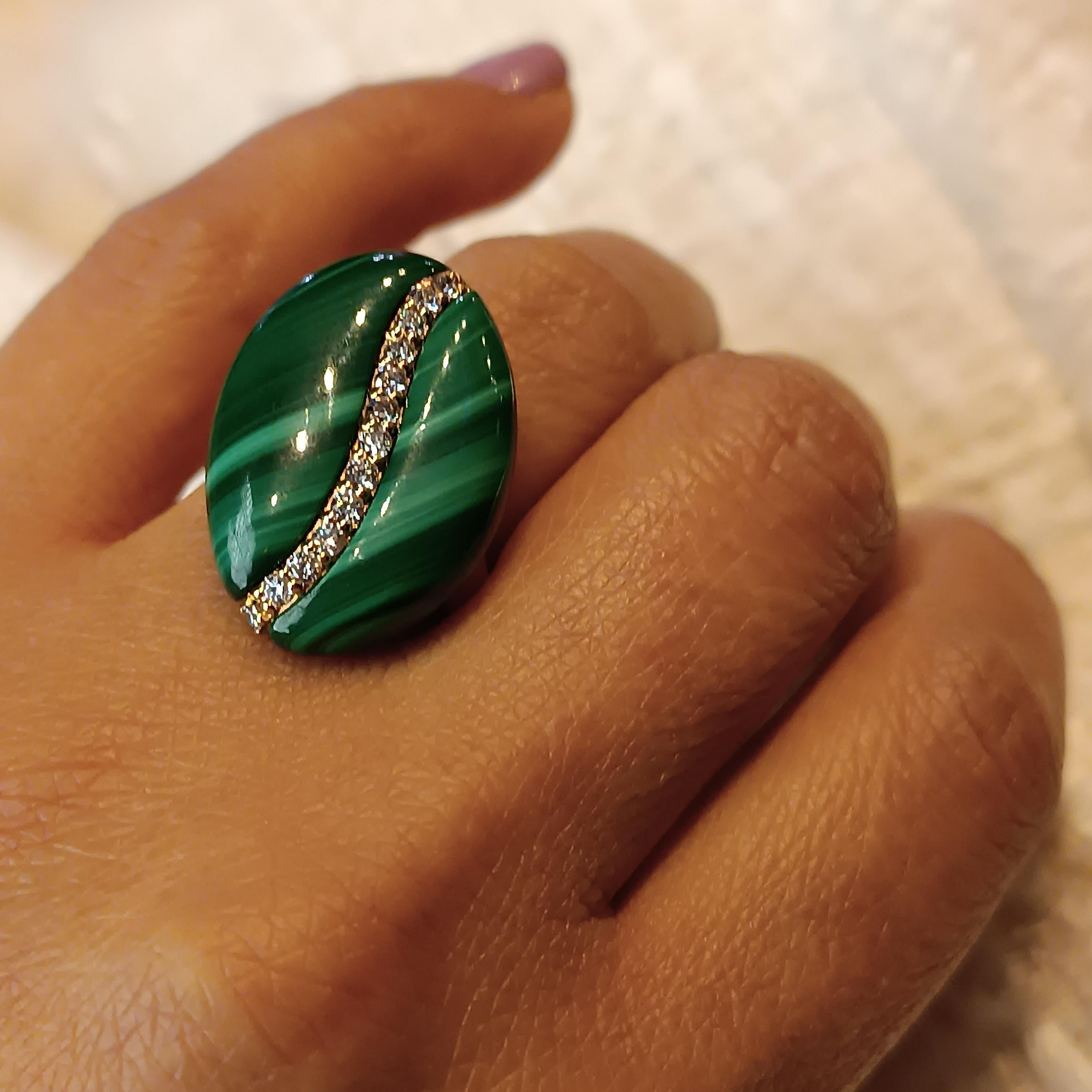18 Carat Rose Gold Malachite 14 Diamonds 0.42 Carats Cocktail Ring In New Condition For Sale In Milano, MI