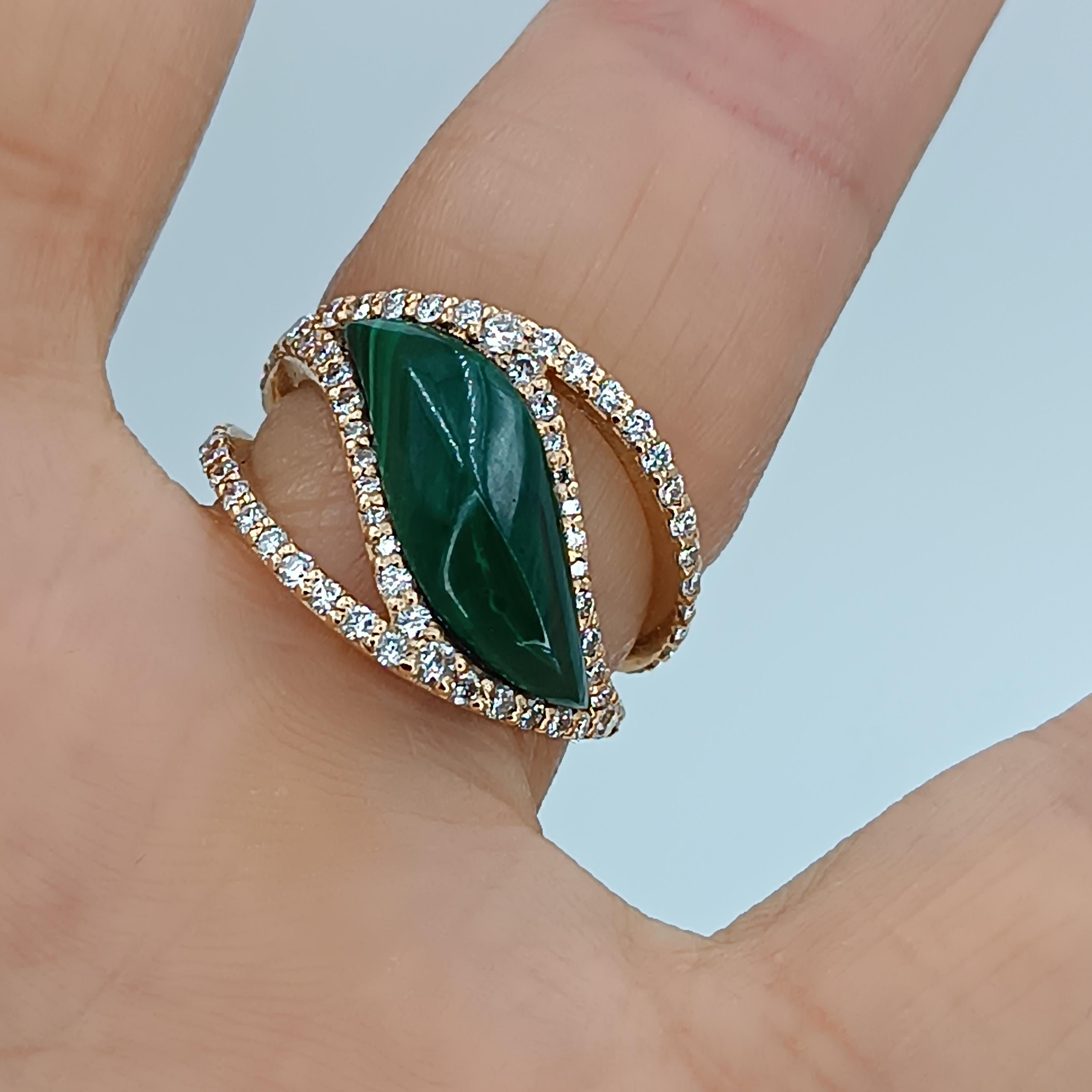 Contemporary 18 Carat Rose Gold   Malachite 72  Diamonds 0.72  Carats Cocktail Ring  For Sale