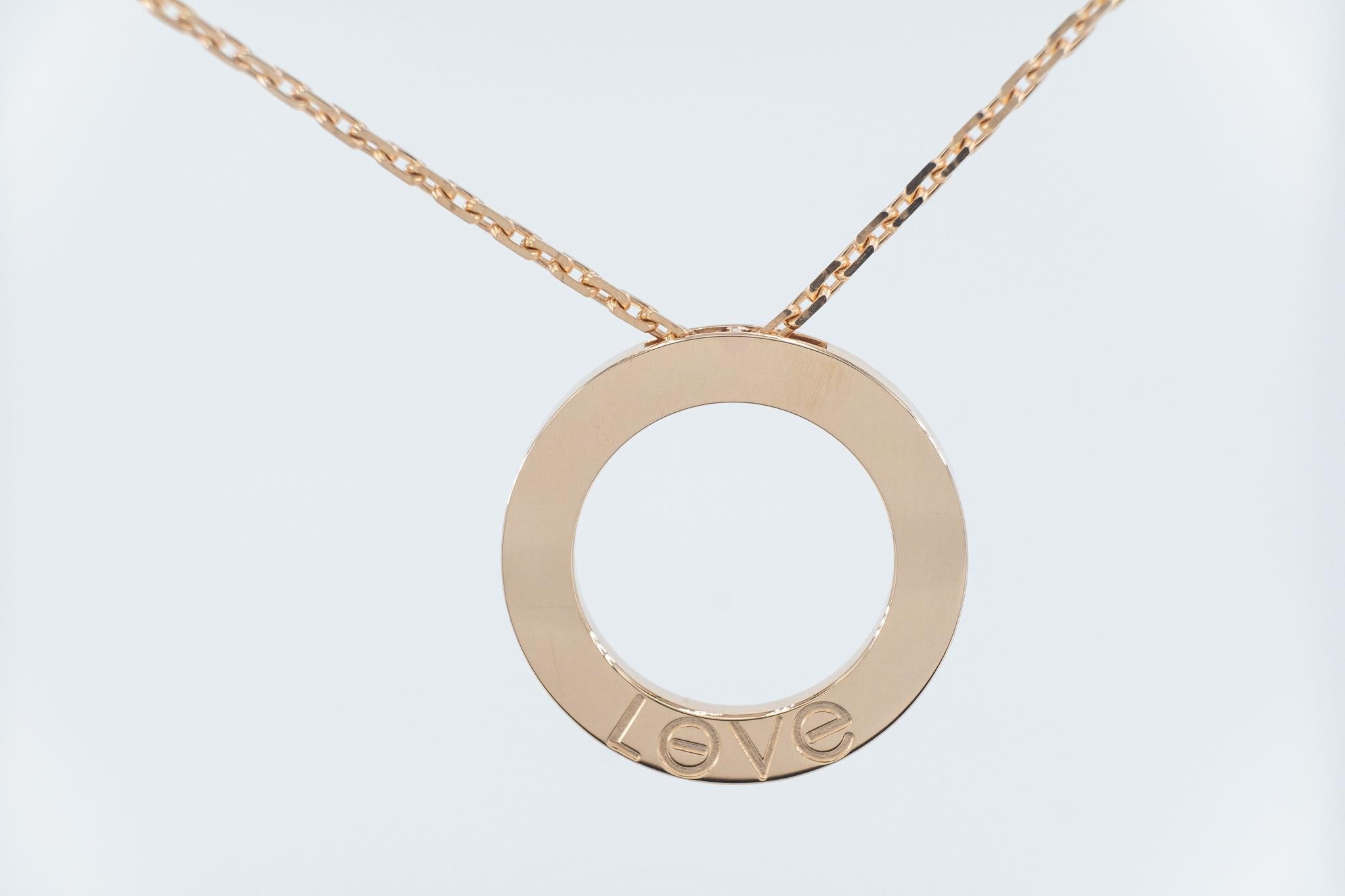 Brilliant Cut Cartier Love 18 Carat Rose Gold Necklace; Marked Love, Diamonds Carat 0.75