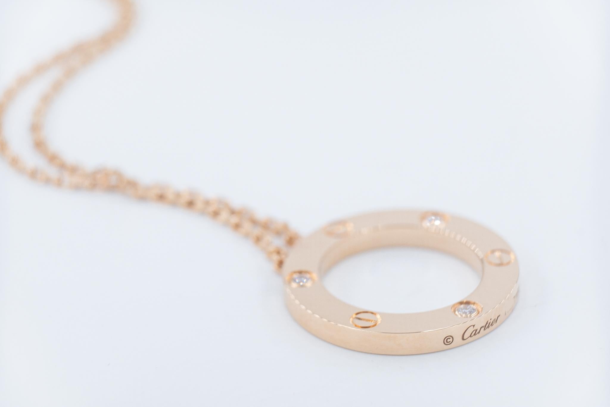 Cartier Love 18 Carat Rose Gold Necklace; Marked Love, Diamonds Carat 0.75 In Excellent Condition In Milano, MI