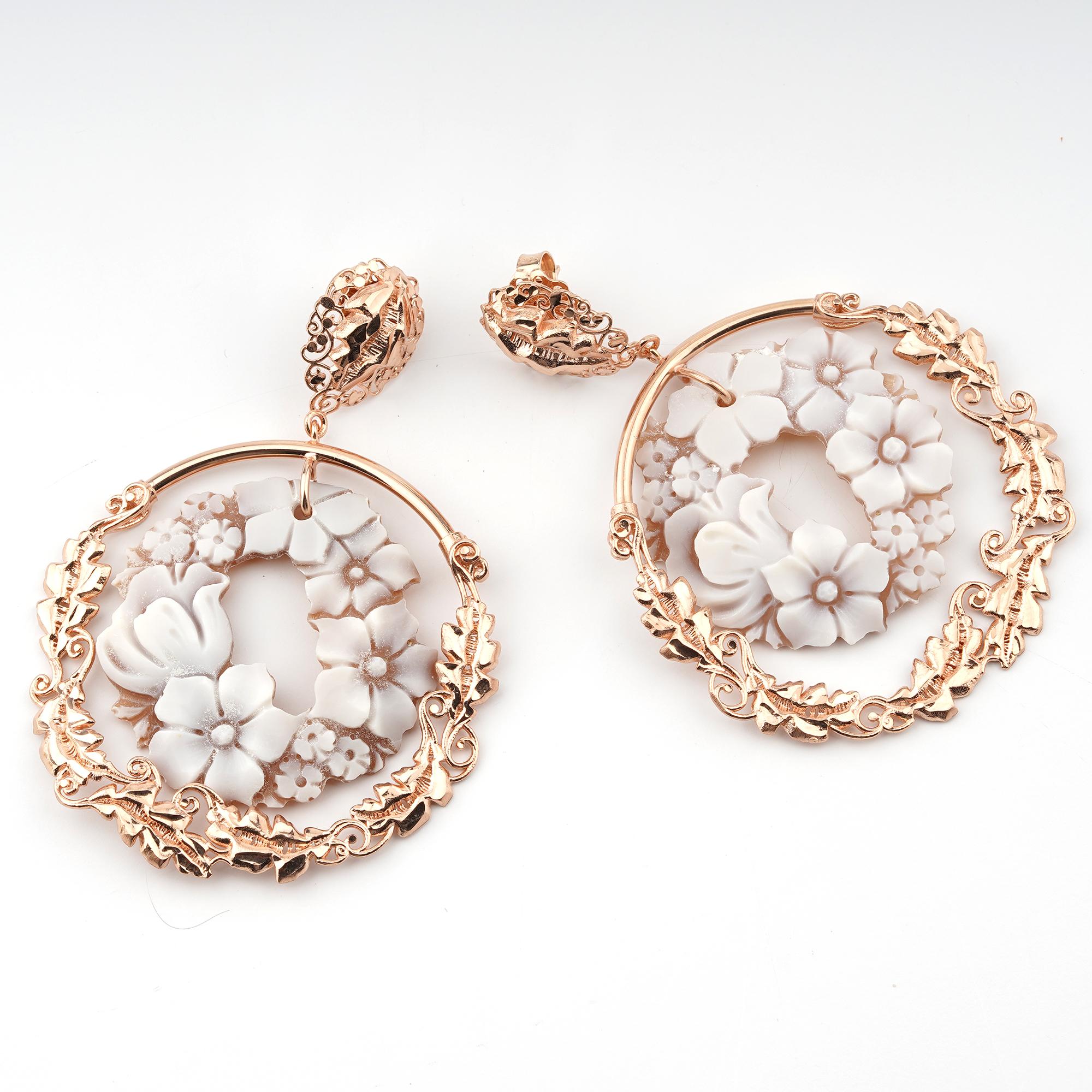 18 carat Rose Gold Plated 925 Sterling Silver Sea Shell 35mm Cameo Earrings. Fully handcarved Bouquet on a sea shell cameo set in a 18kt Rose Gold plated silver earrings. Carvings are performed by our master artisans with generations of experience,