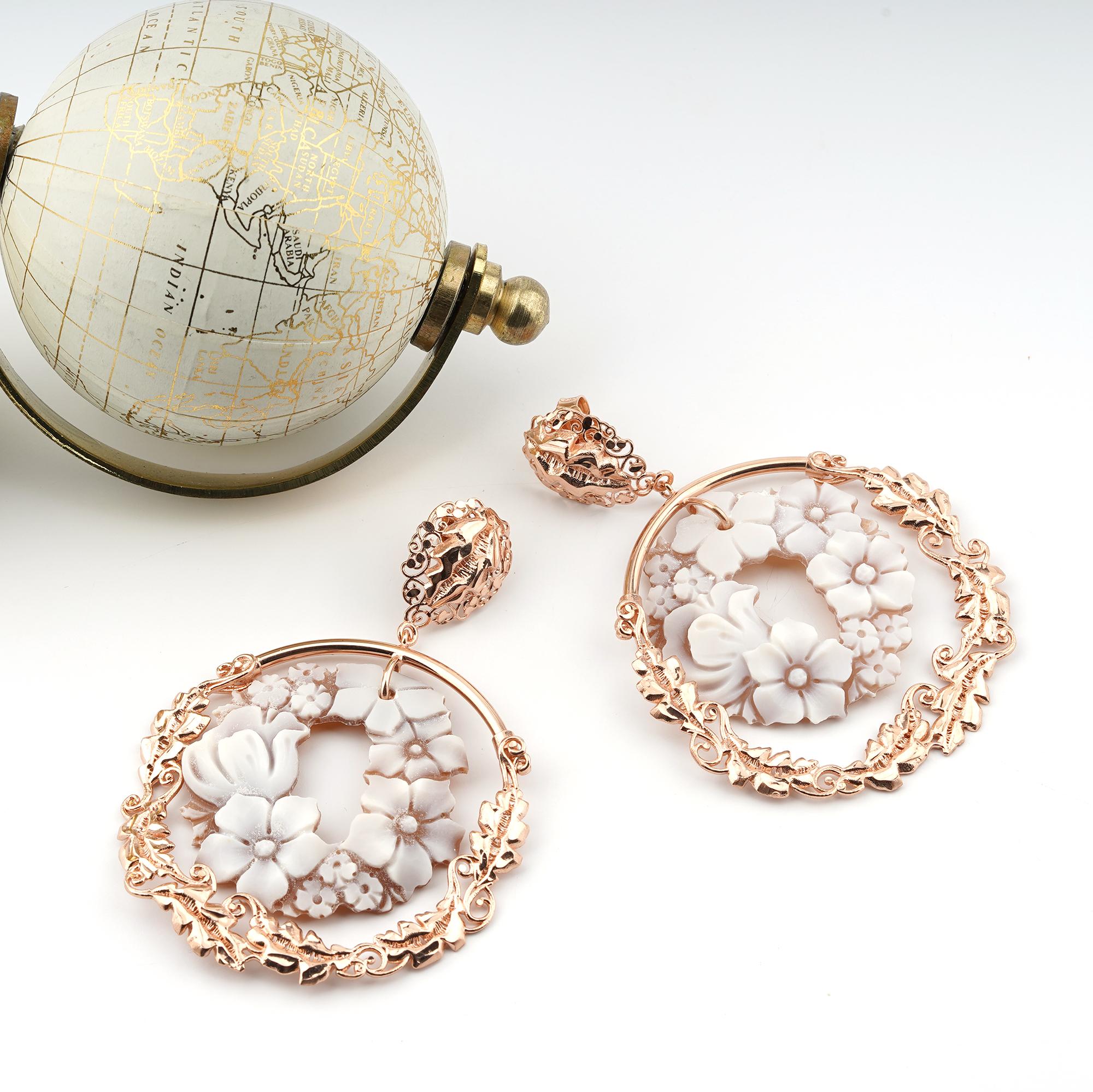 18 Carat Rose Gold-Plated 925 Sterling Silver Sea Shell Cameo Earrings In New Condition For Sale In Marcianise, IT