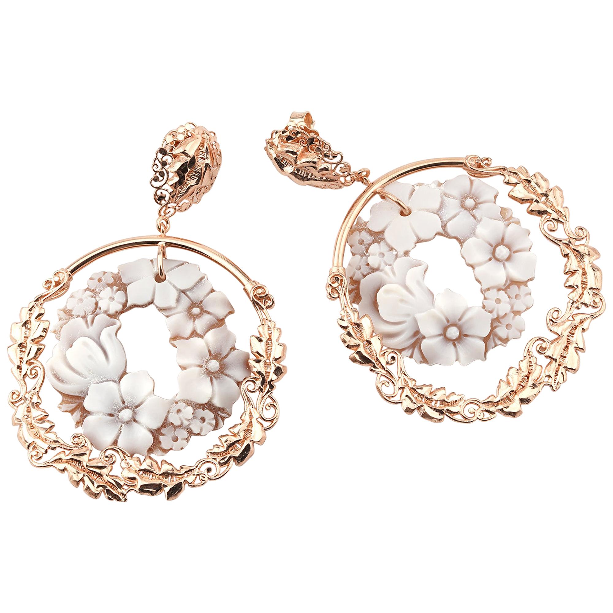 18 Carat Rose Gold-Plated 925 Sterling Silver Sea Shell Cameo Earrings For Sale
