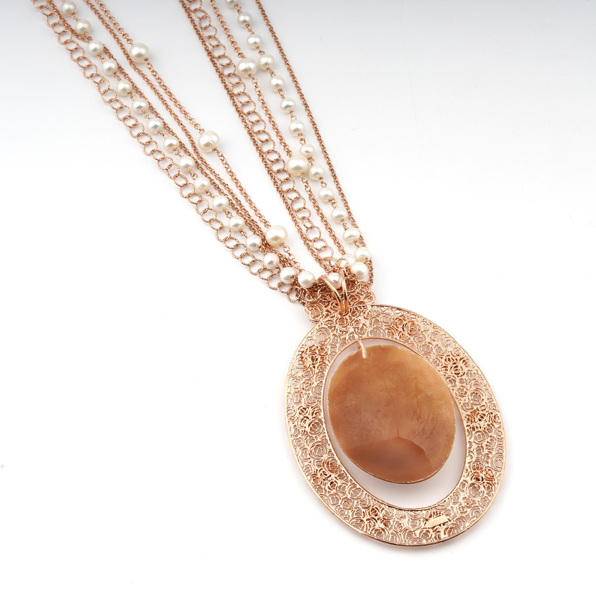 Artisan 18 Carat Rose Gold-Plated 925 Sterling Silver Sea Shell Cameo Necklace For Sale