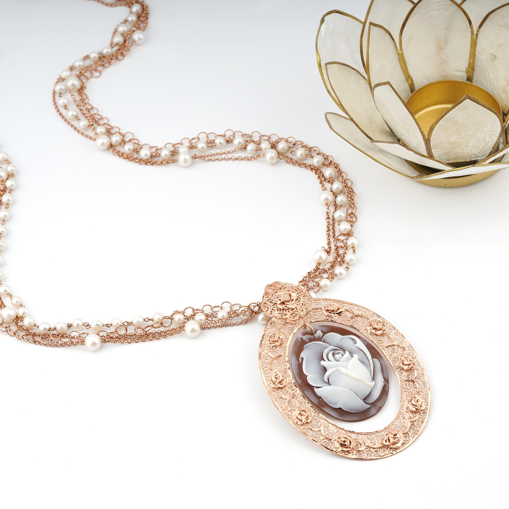 Bead 18 Carat Rose Gold-Plated 925 Sterling Silver Sea Shell Cameo Necklace For Sale