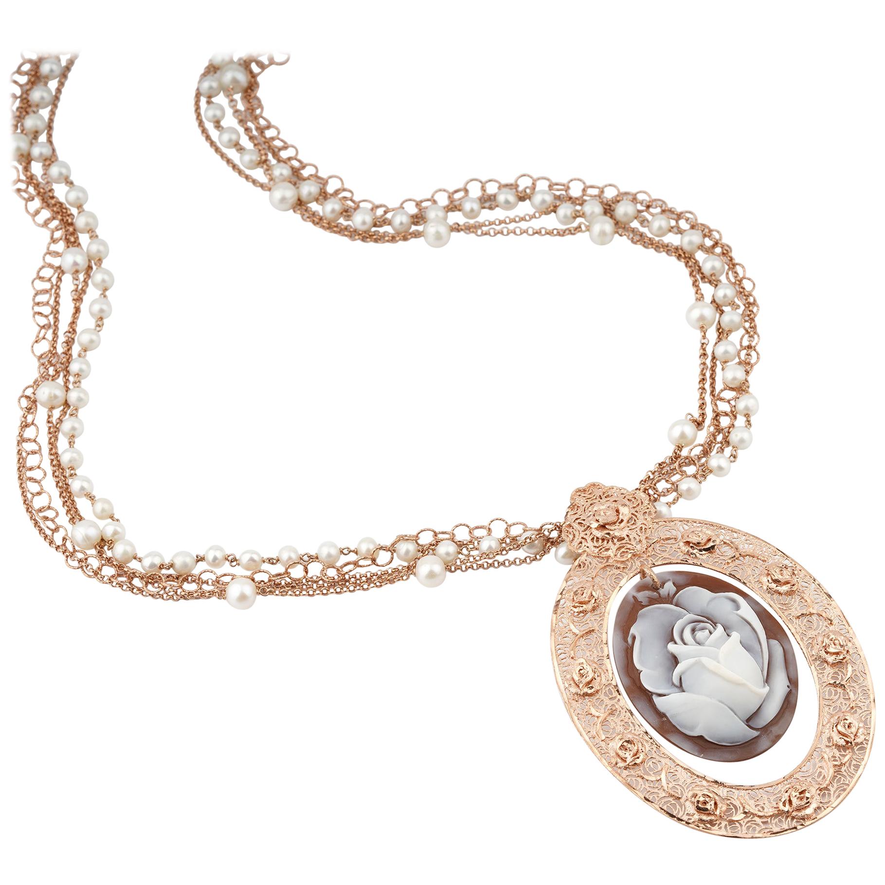 18 Carat Rose Gold-Plated 925 Sterling Silver Sea Shell Cameo Necklace