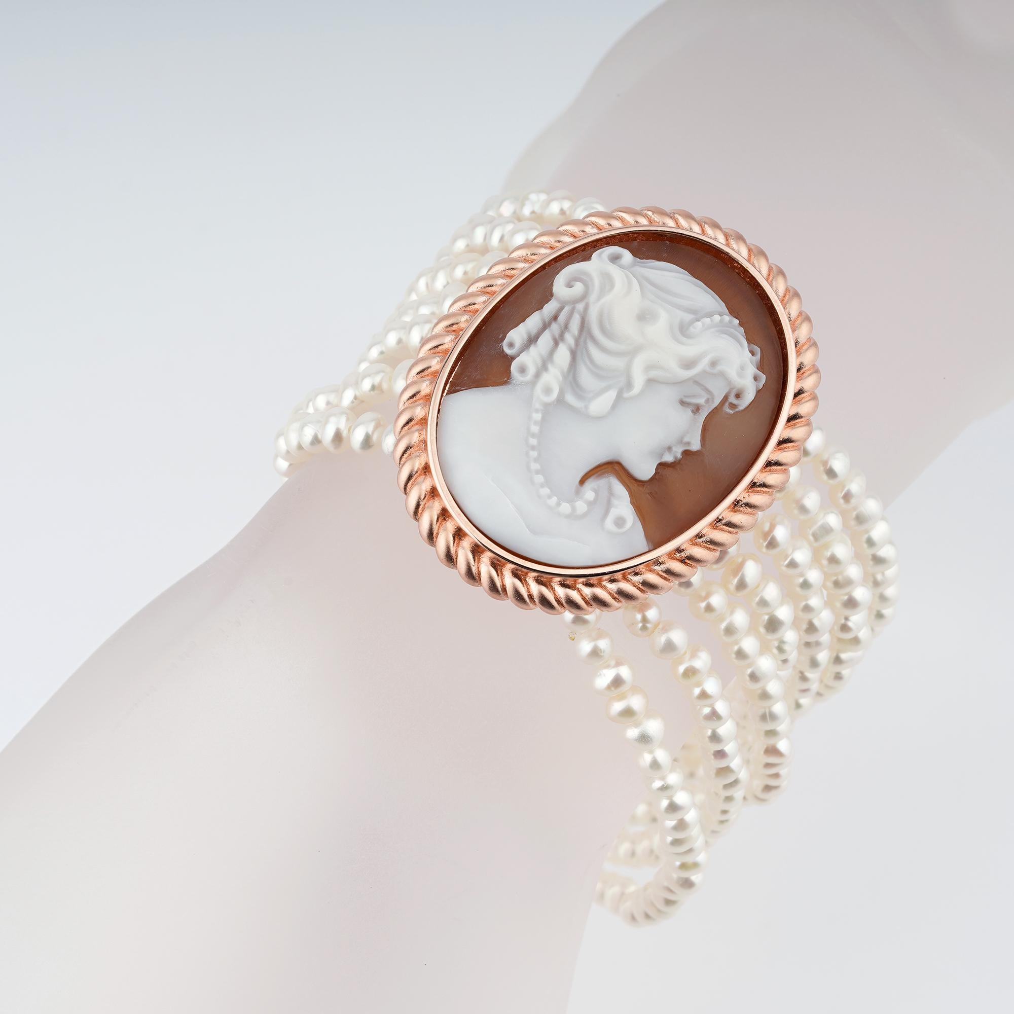 Artisan 18 Carat Rose Gold-Plated 925 Sterling Silver with Sea Shell Cameo Bracelet For Sale