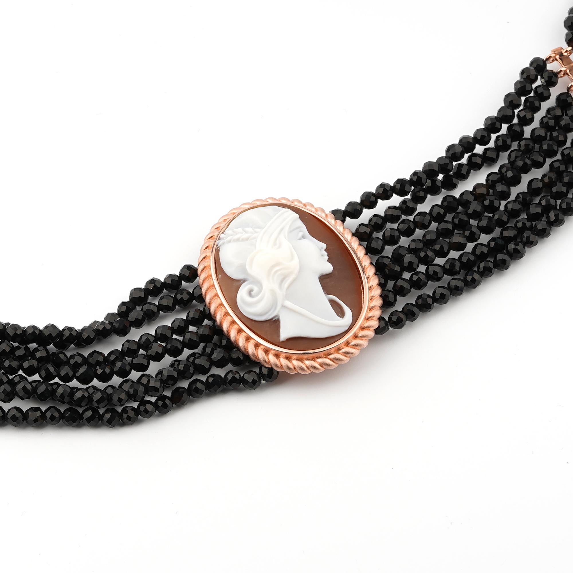 18 carat Rose Gold Plated 925 Sterling Silver with 38mm Sea Shell Cameo Necklace. Fully handcarved Portrait on a sea shell cameo set in a 18kt Rose Gold plated silver Chocker Necklace with Black Onyx. Carvings are performed by our master artisans