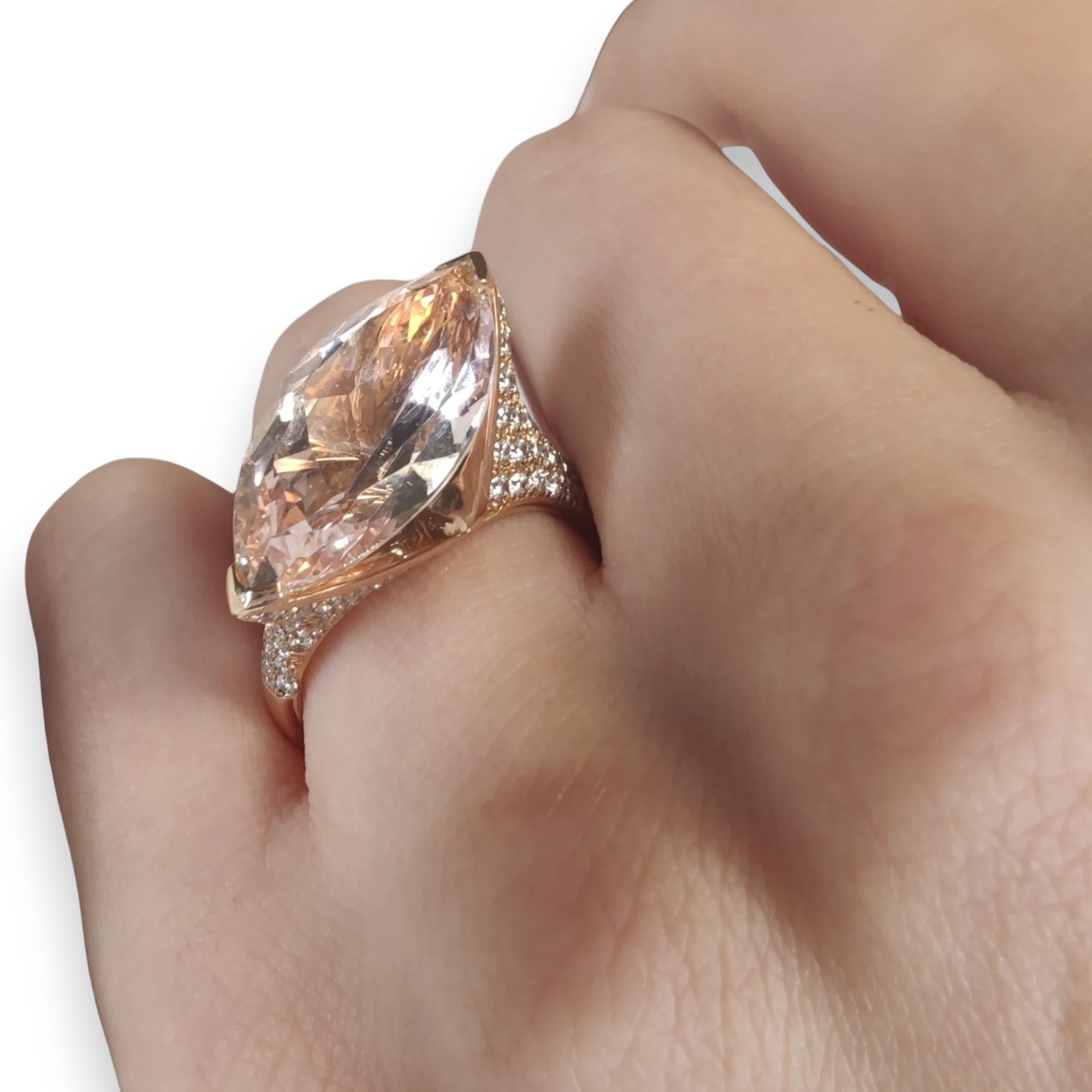 Precious Elegant 18K Rose Gold Ring (Handmade)

Size:

US:7.50

Ring Weight: 14.8 g

Gemstone Details:

Primary Gemstone:

Type: Morganite
Approximate Carat Weight: 4 ct
Color: Translucent Pink
Purity: High
Setting: Mounted in the air to enhance the